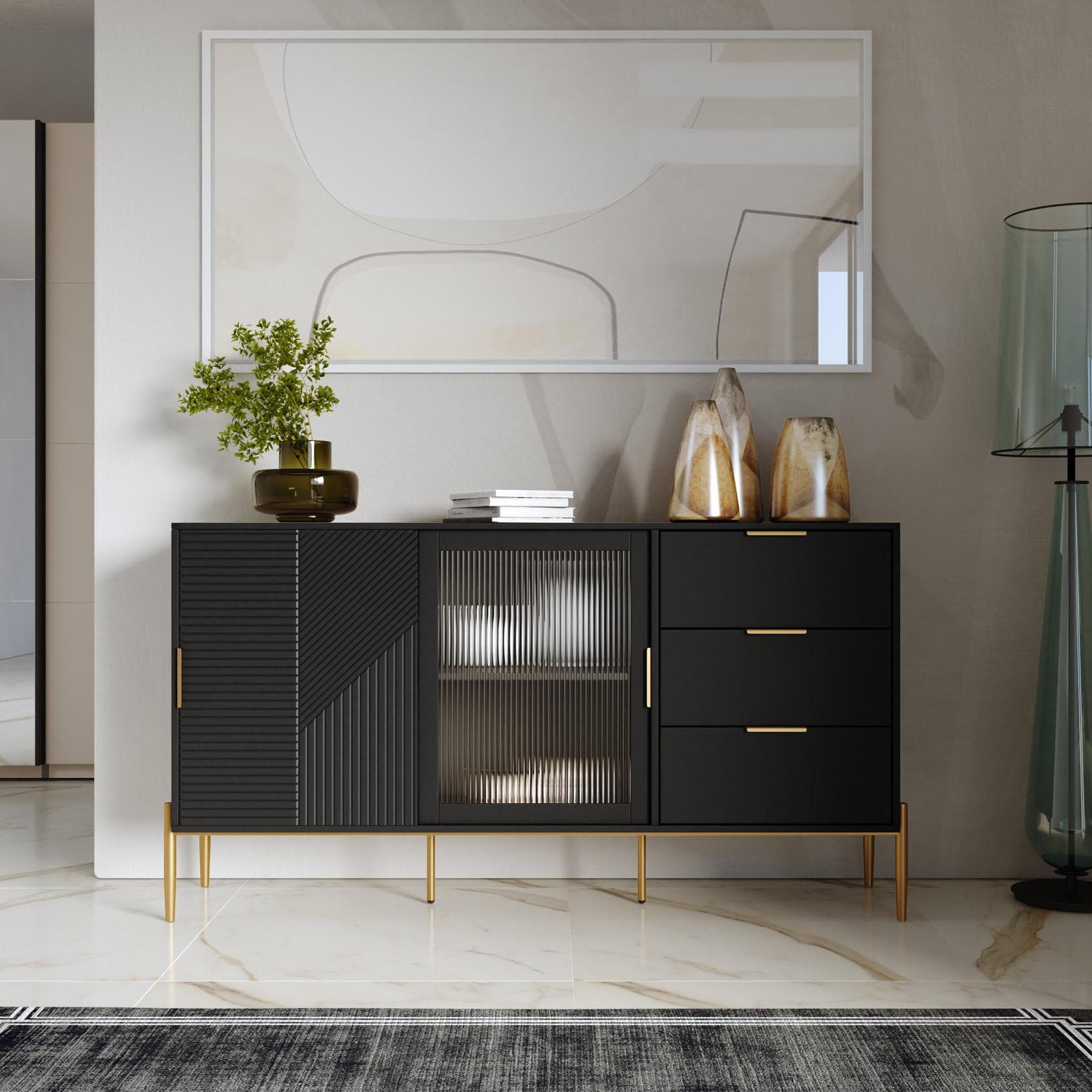 Madia 155x83h cm con 2 ante e 3 cassetti nero opaco cannettato e gambe oro - Gwyneth