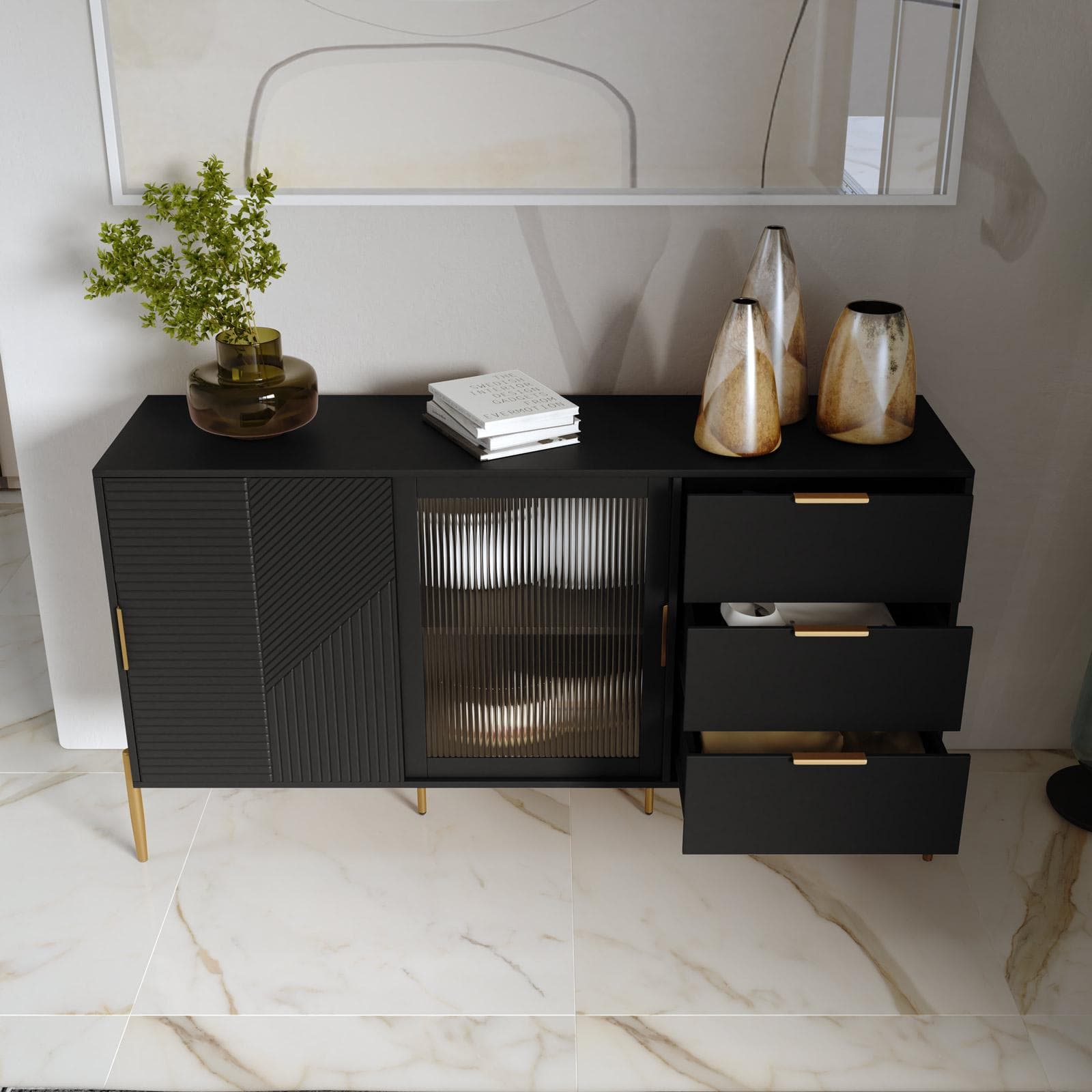 Madia 155x83h cm con 2 ante e 3 cassetti nero opaco cannettato e gambe oro - Gwyneth