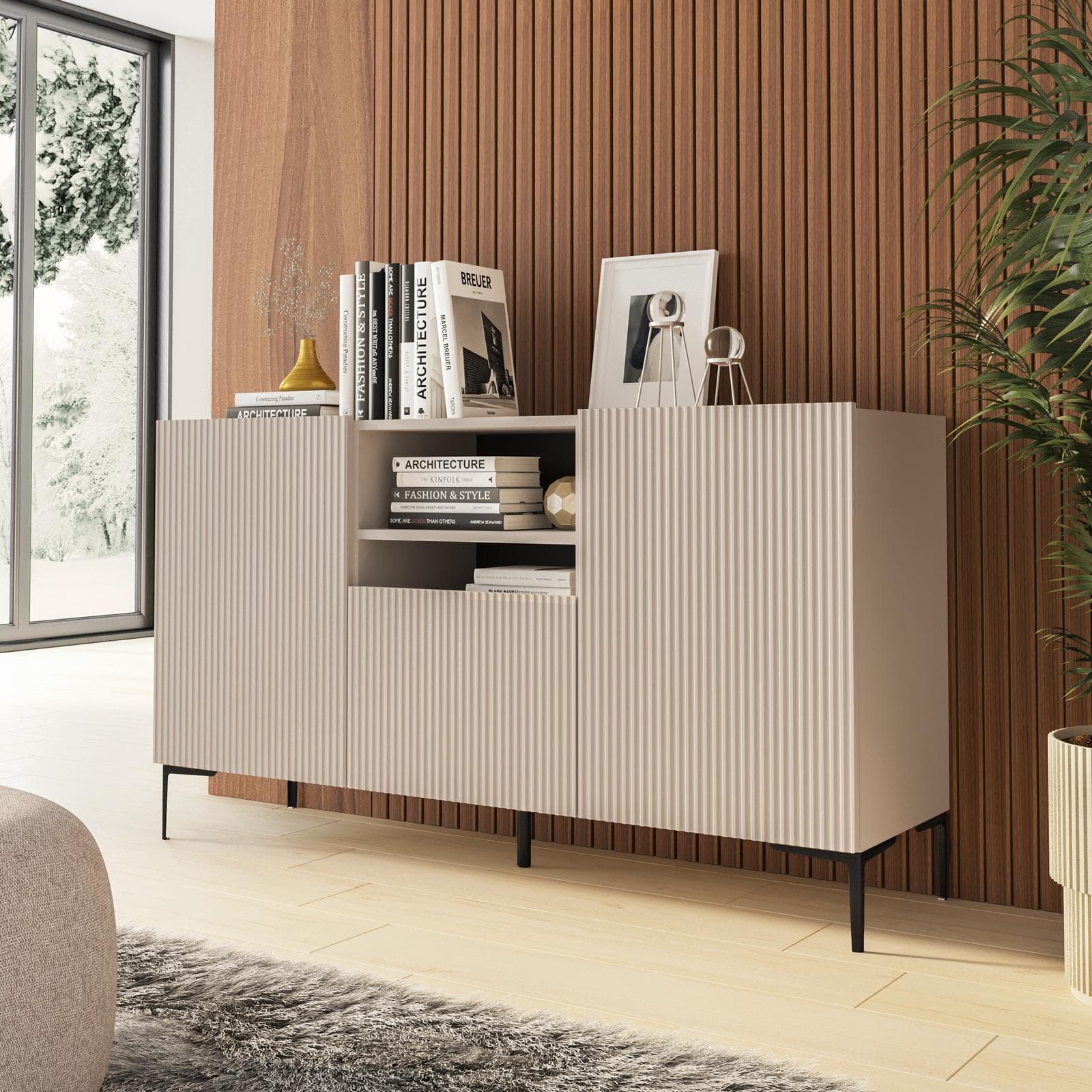 Madia 150x83h cm cashmere con 1 cassetto e 2 ante cannettate e piedi in metallo nero - Judith