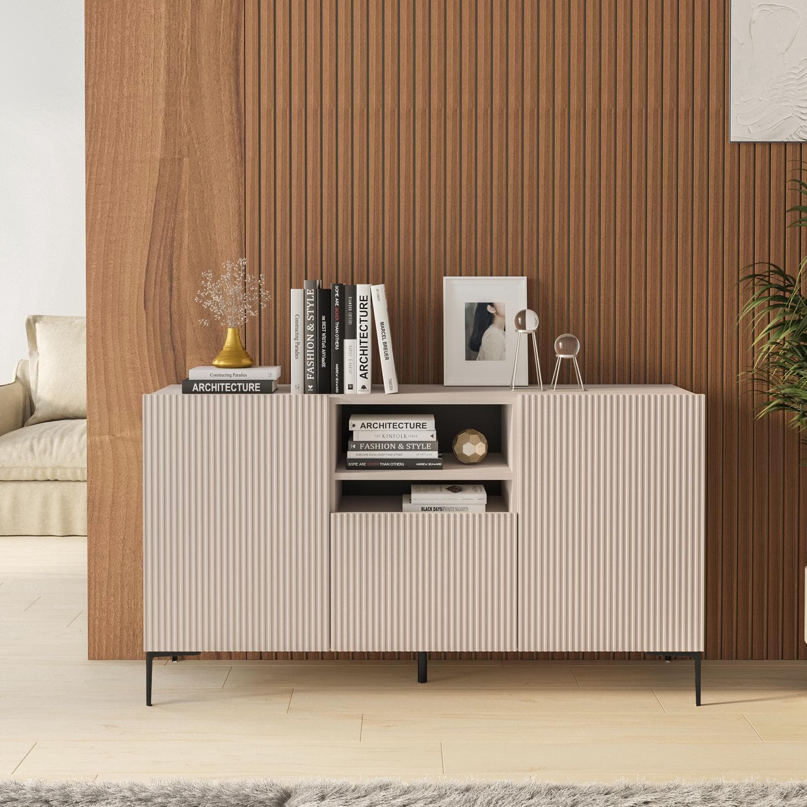 Madia 150x83h cm cashmere con 1 cassetto e 2 ante cannettate e piedi in metallo nero - Judith