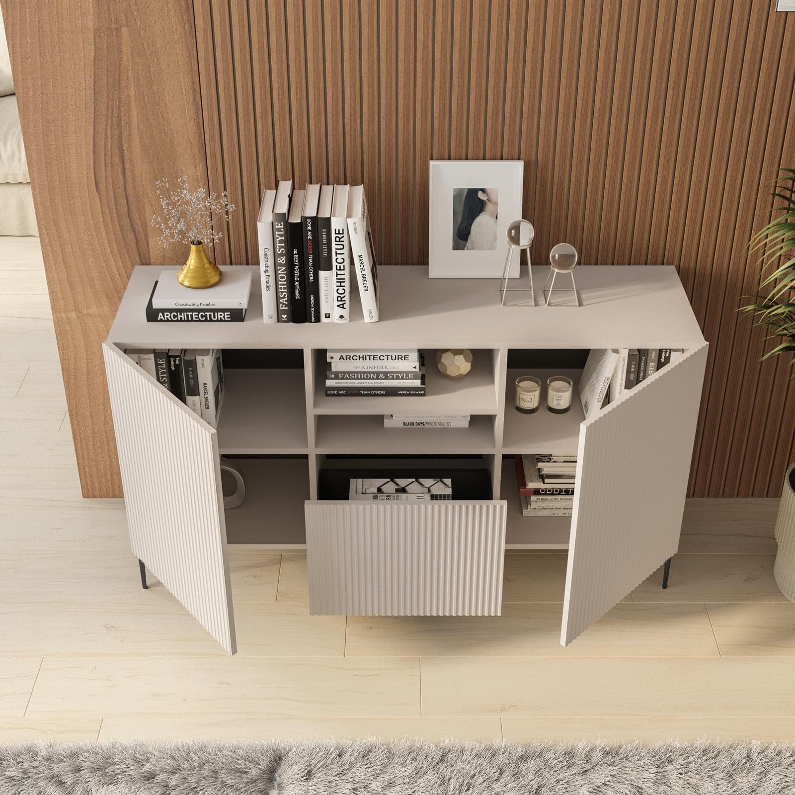 Madia 150x83h cm cashmere con 1 cassetto e 2 ante cannettate e piedi in metallo nero - Judith