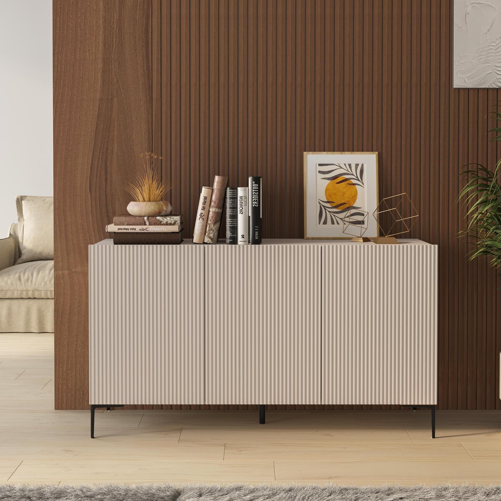Madia 150x83h cm cashmere con 3 ante cannettate e piedi in metallo nero - Judith