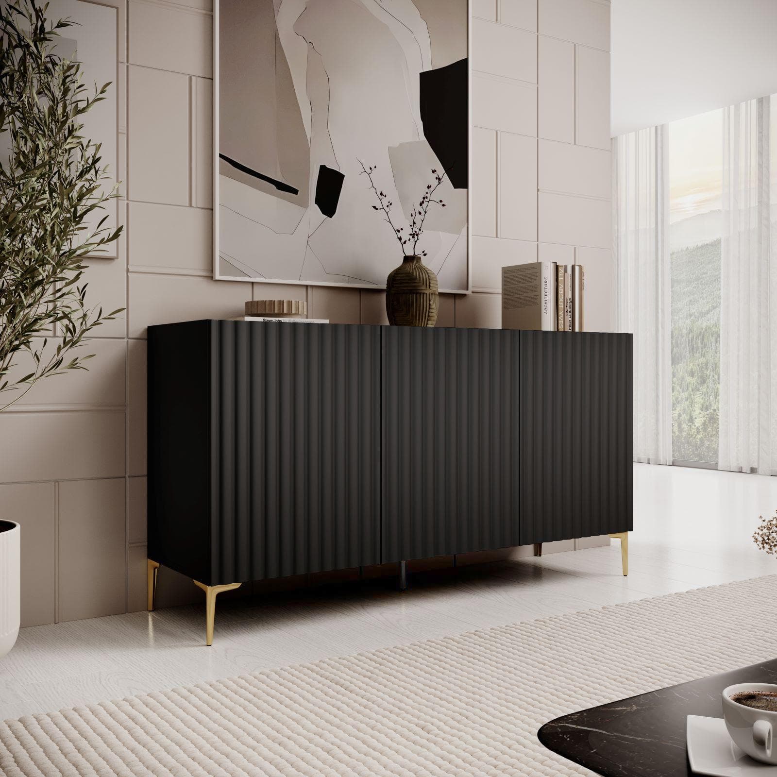 Madia 150x81h cm top effetto rovere e nero cannettato ad onda e con 2 cassetti interni e piedi oro - Isolde