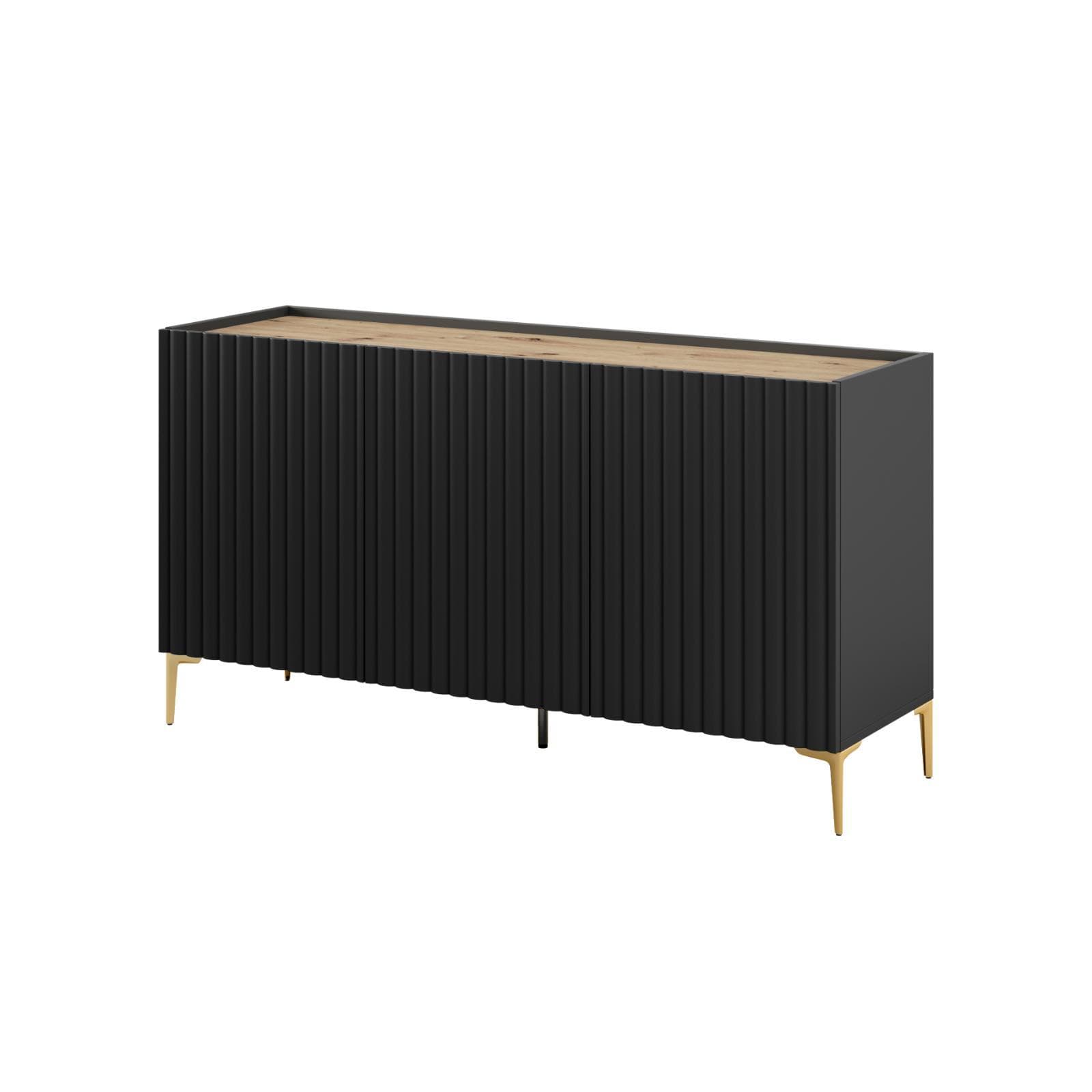 Madia 150x81h cm top effetto rovere e nero cannettato ad onda e con 2 cassetti interni e piedi oro - Isolde