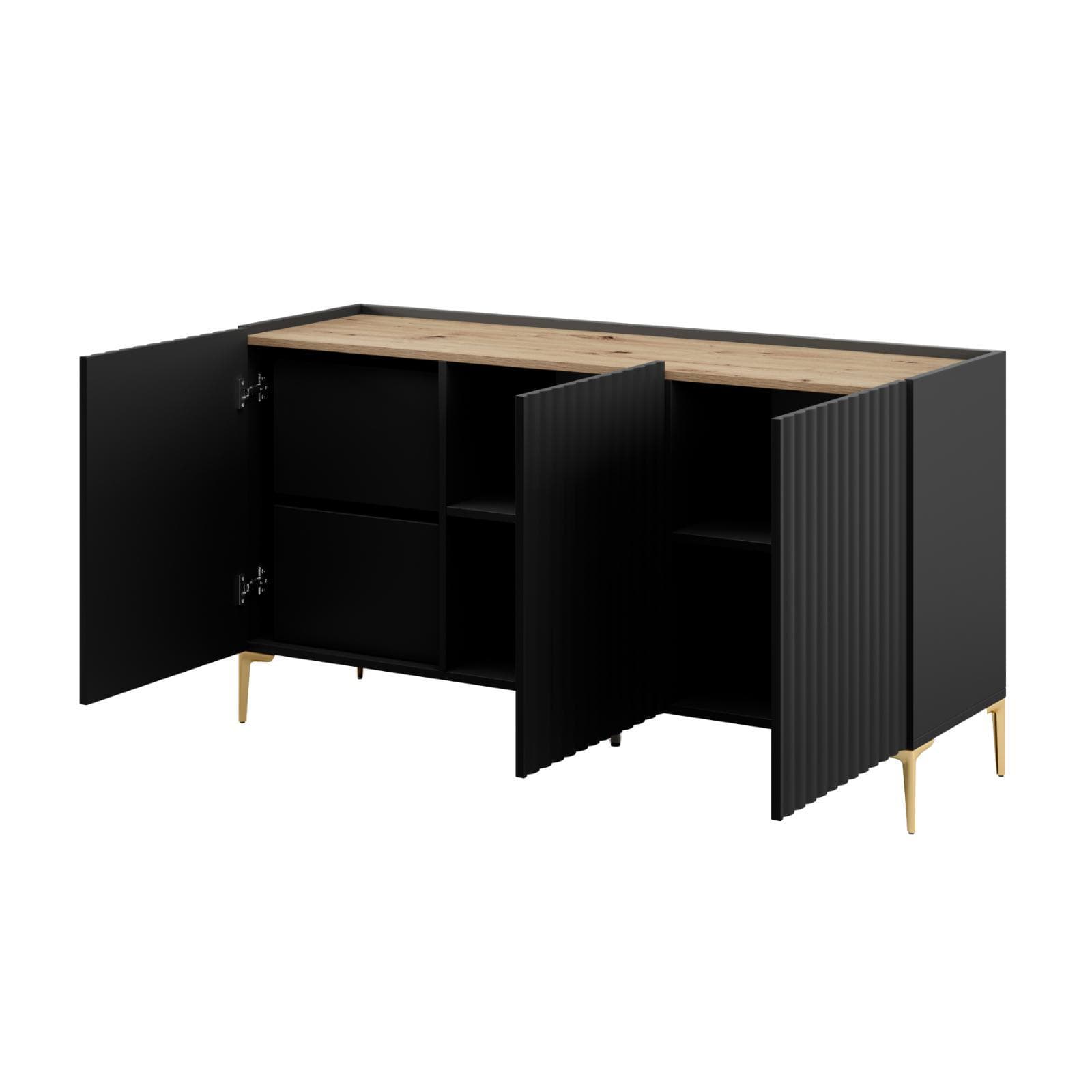Madia 150x81h cm top effetto rovere e nero cannettato ad onda e con 2 cassetti interni e piedi oro - Isolde