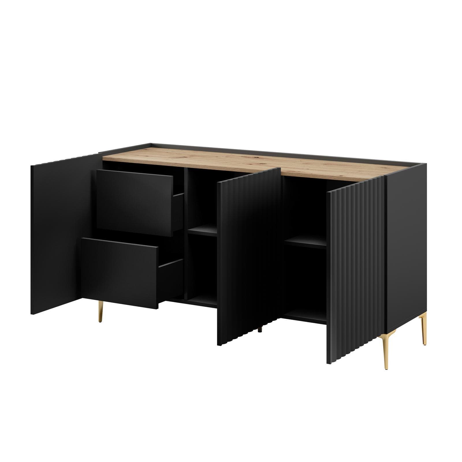 Madia 150x81h cm top effetto rovere e nero cannettato ad onda e con 2 cassetti interni e piedi oro - Isolde