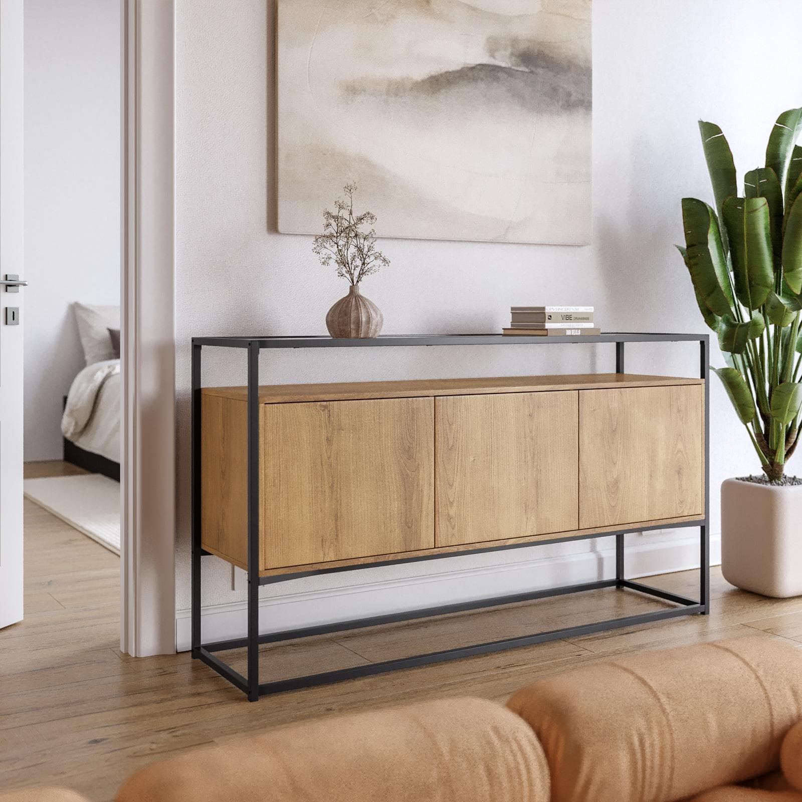 Madia 150x85h cm top in vetro con struttura in legno e metallo - Split