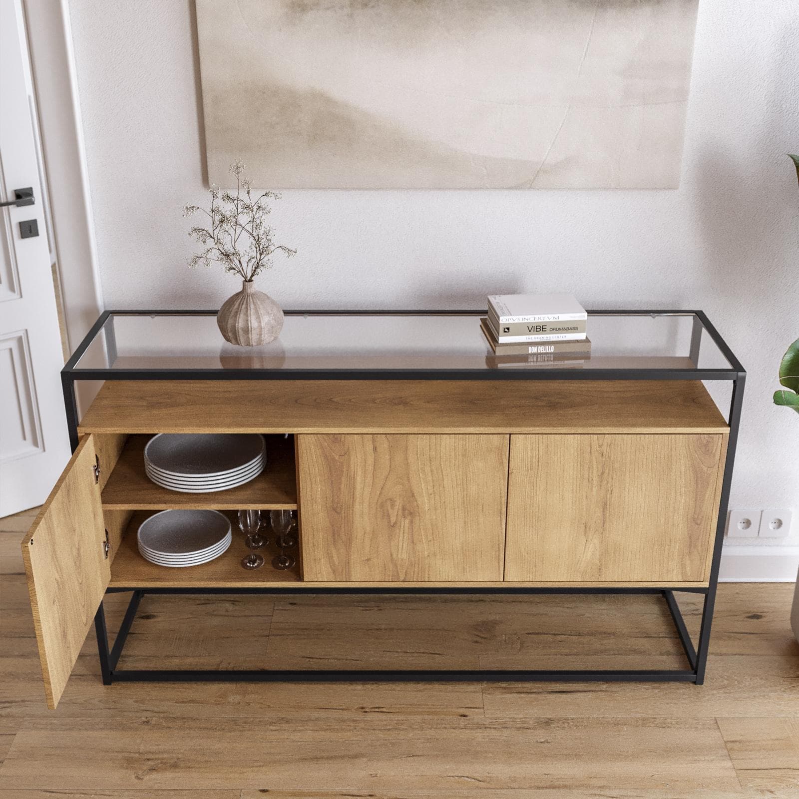 Madia 150x85h cm top in vetro con struttura in legno e metallo - Split
