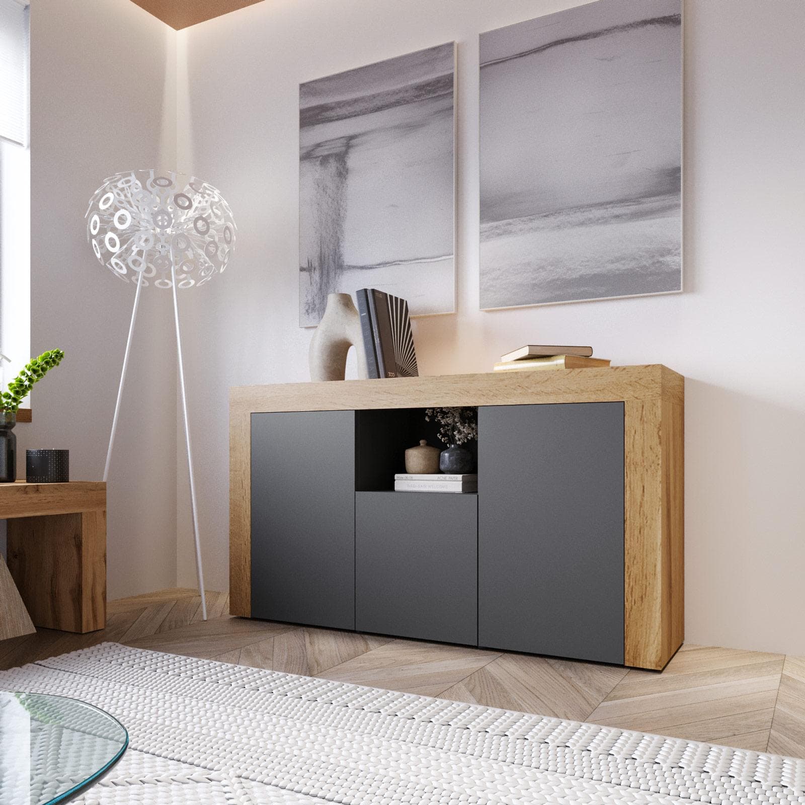 Madia 155x85h cm con 3 ante antracite opaco e rovere wotan - Kayros