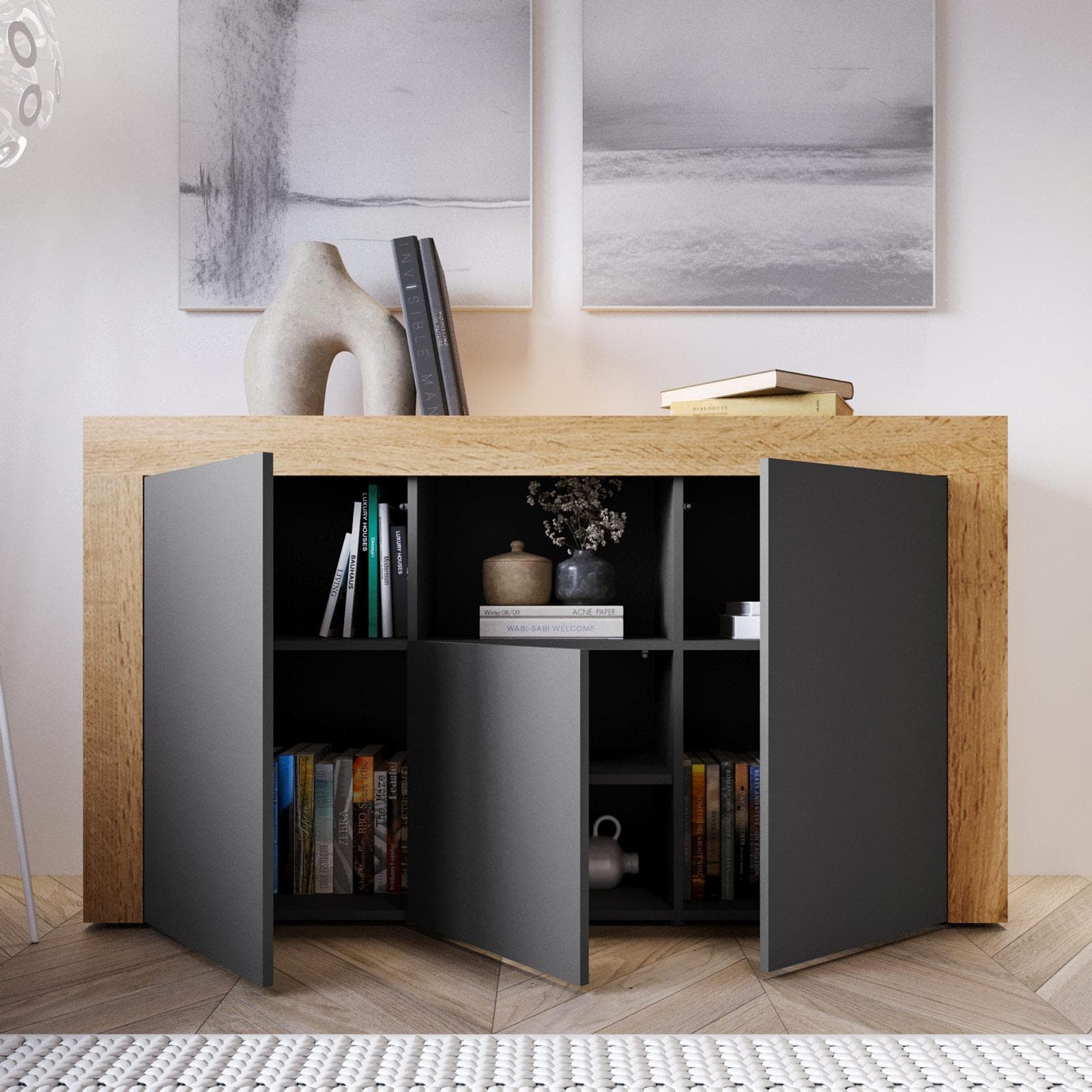 Madia 155x85h cm con 3 ante antracite opaco e rovere wotan - Kayros
