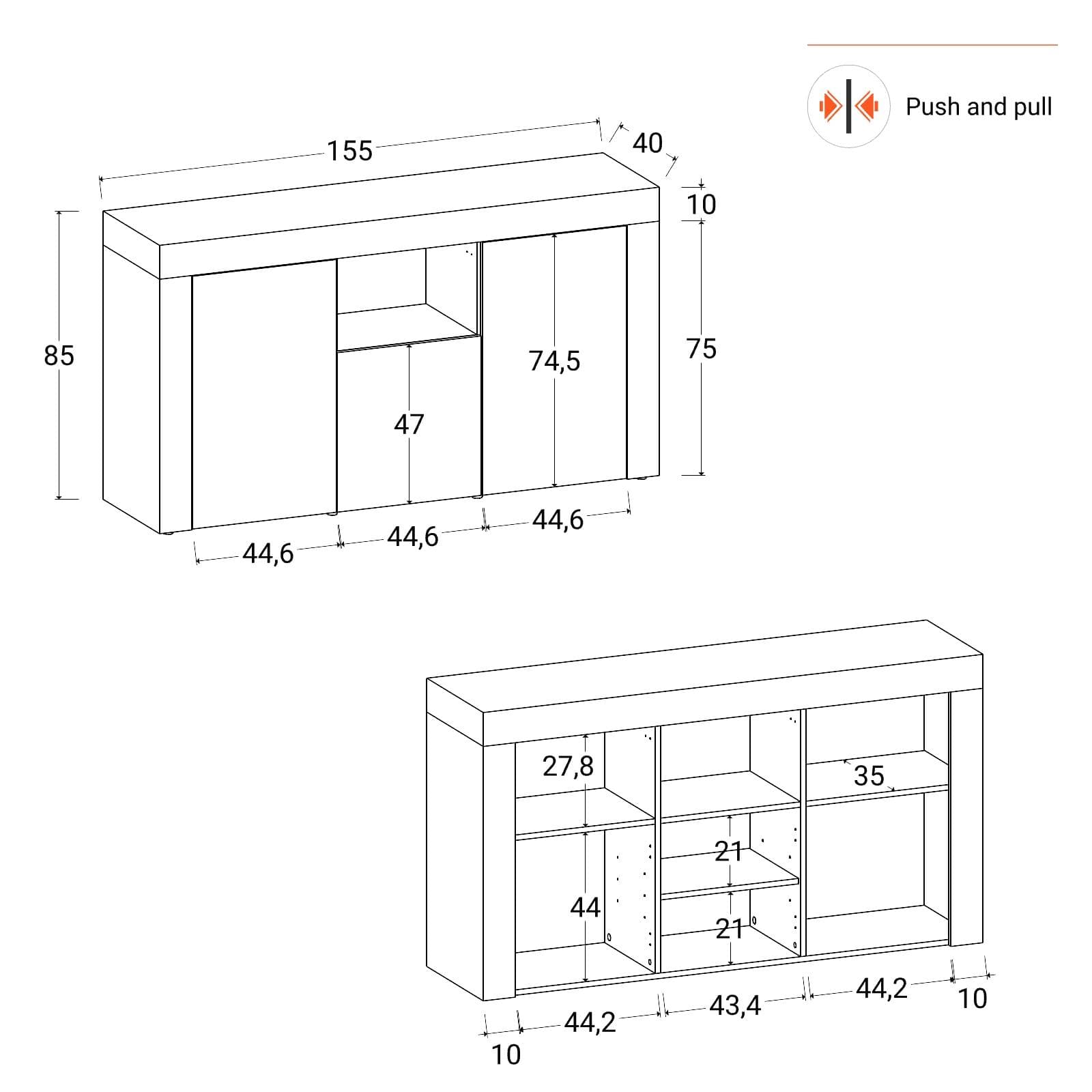 Madia 155x85h cm con 3 ante antracite opaco e rovere wotan - Kayros
