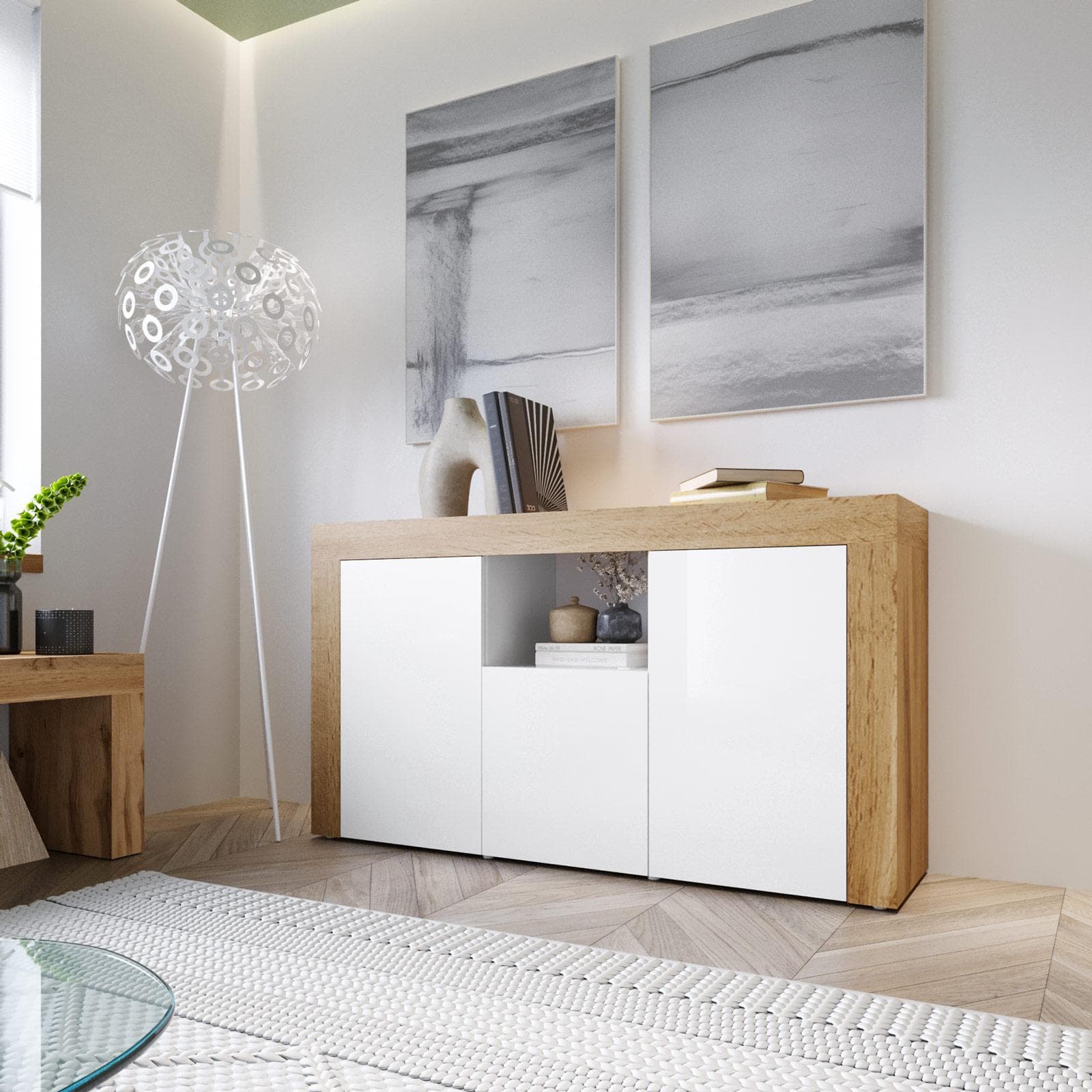 Madia 155x85h cm con 3 ante bianco lucido e rovere wotan - Kayros