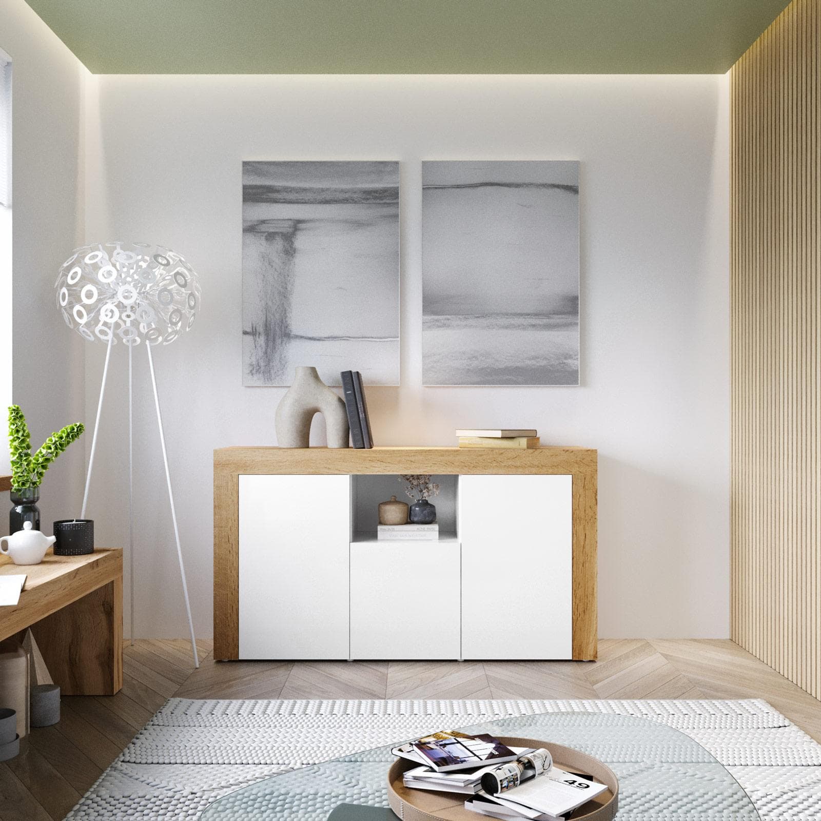Madia 155x85h cm con 3 ante bianco lucido e rovere wotan - Kayros