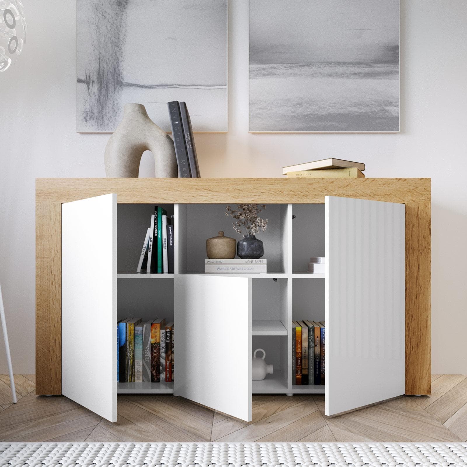 Madia 155x85h cm con 3 ante bianco lucido e rovere wotan - Kayros
