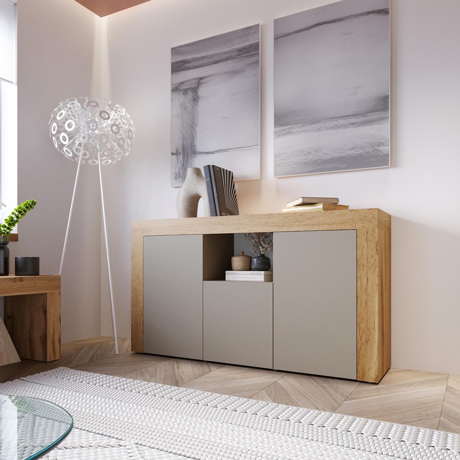 Madia 155x85h cm con 3 ante tortora opaco e rovere wotan - Kayros