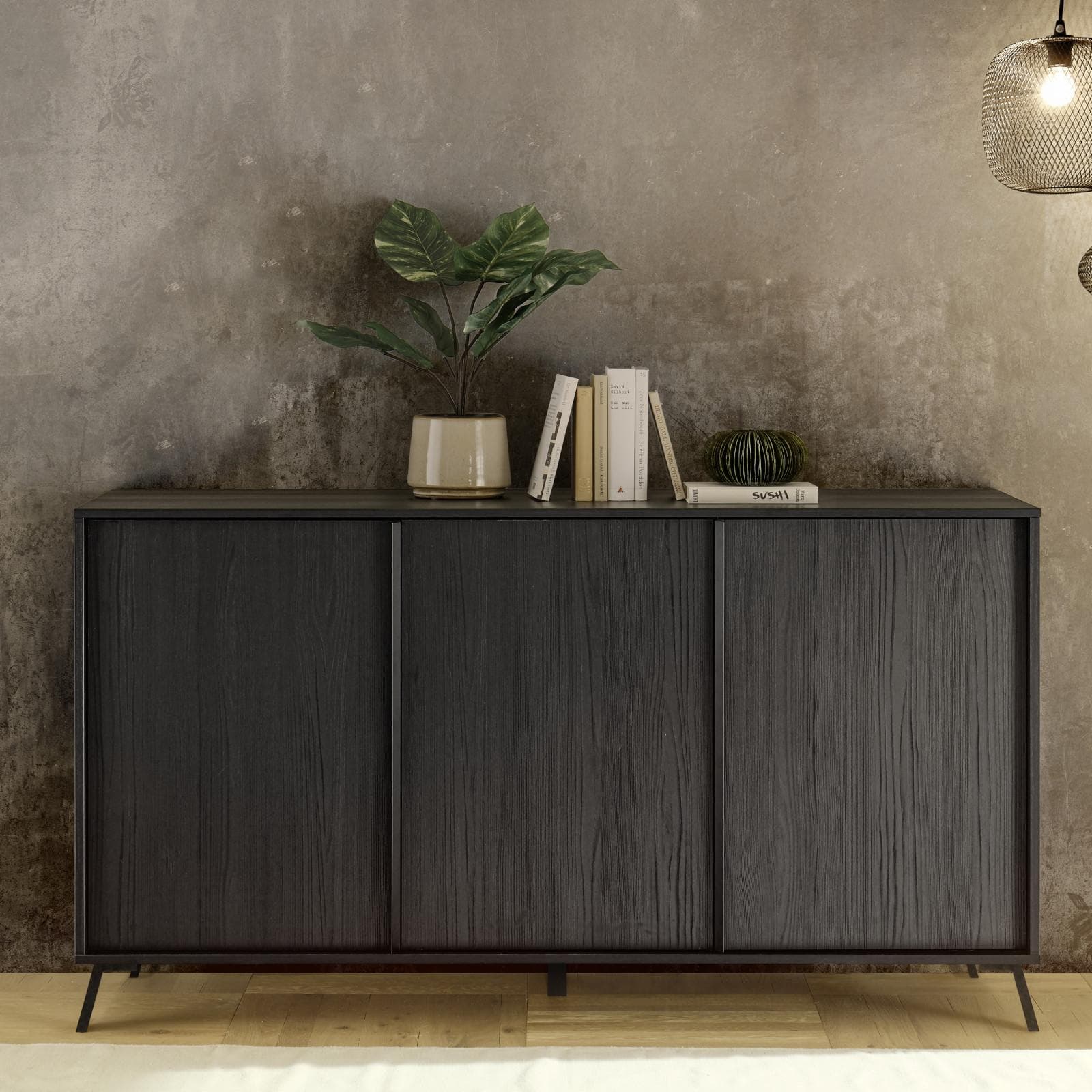 Madia 156 cm con tre ante in legno nero frassinato - Mendes