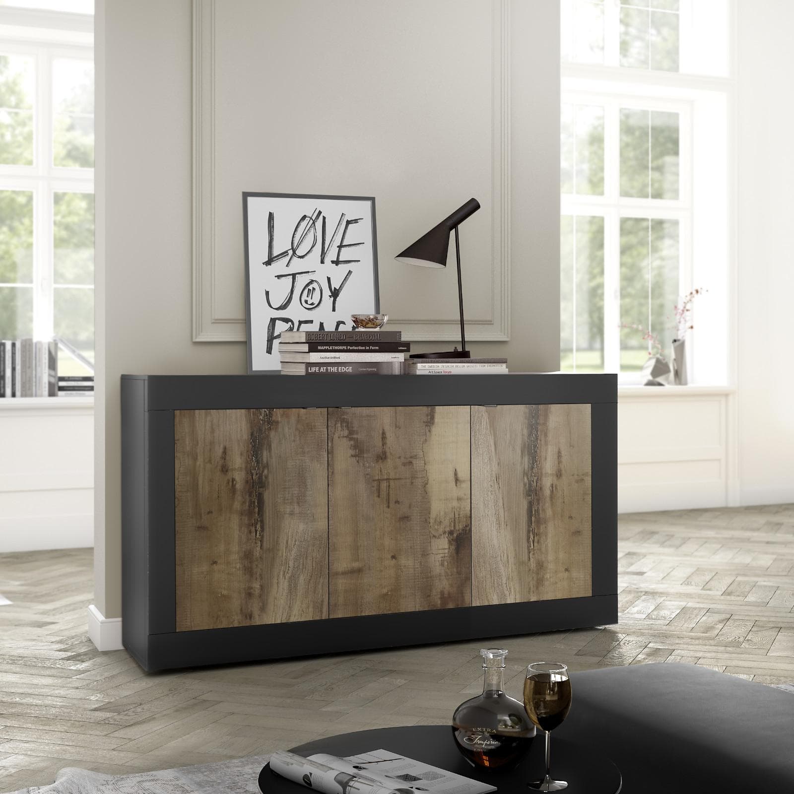 Madia 160 cm con tre ante in legno e nero - Geila