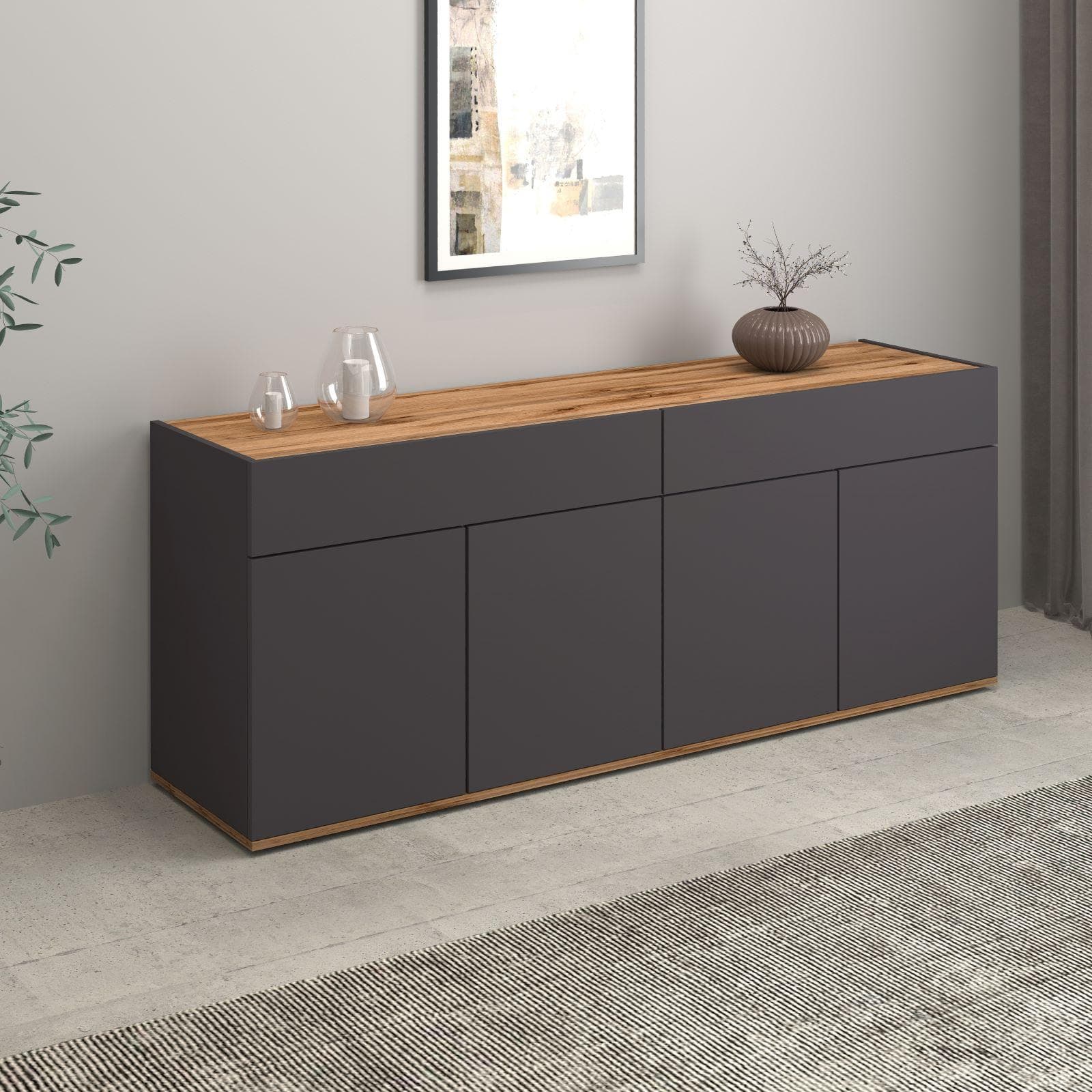 Madia 160x70h cm antracite opaco top rovere wotan con 4 ante e 2 cassetti - Loira