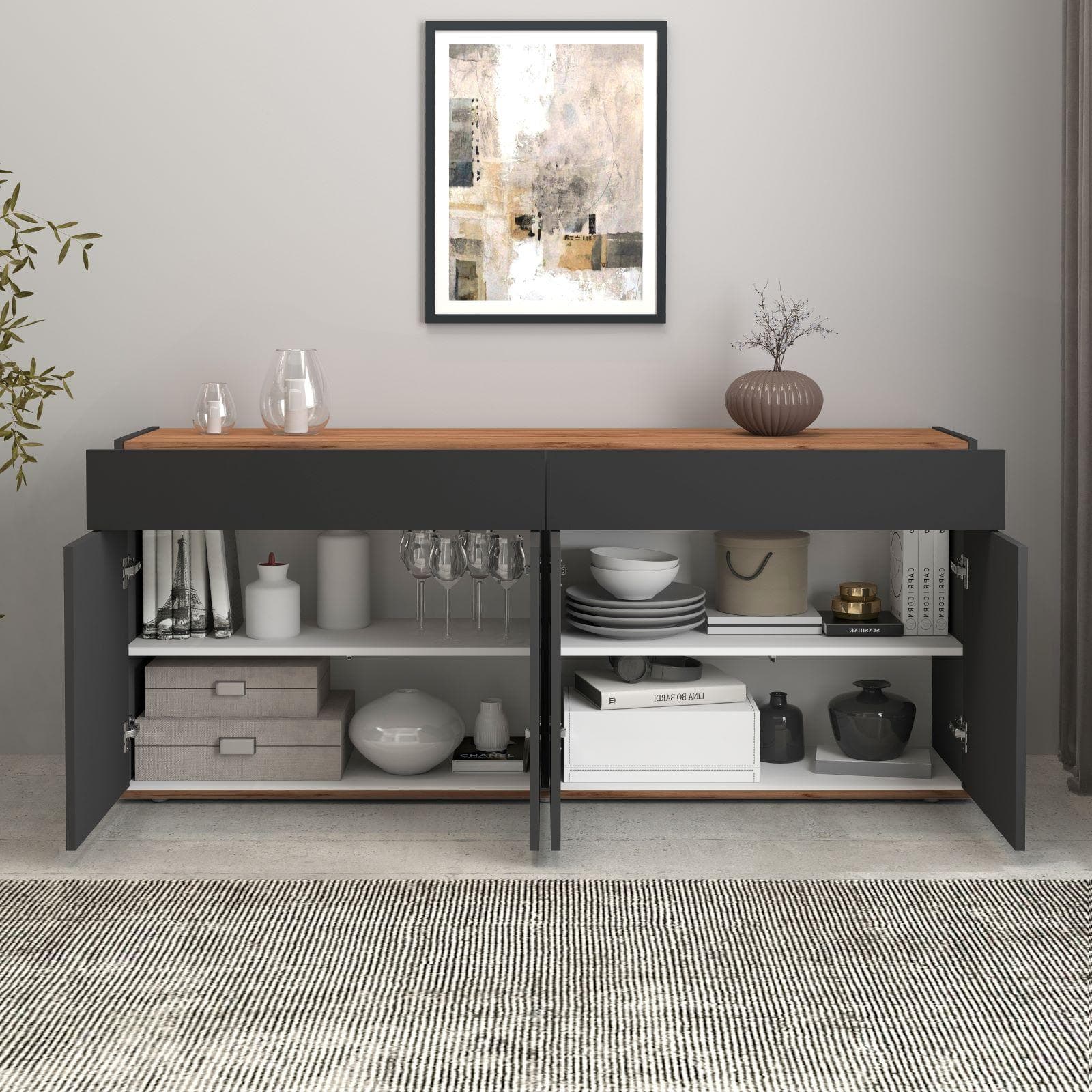 Madia 160x70h cm antracite opaco top rovere wotan con 4 ante e 2 cassetti - Loira