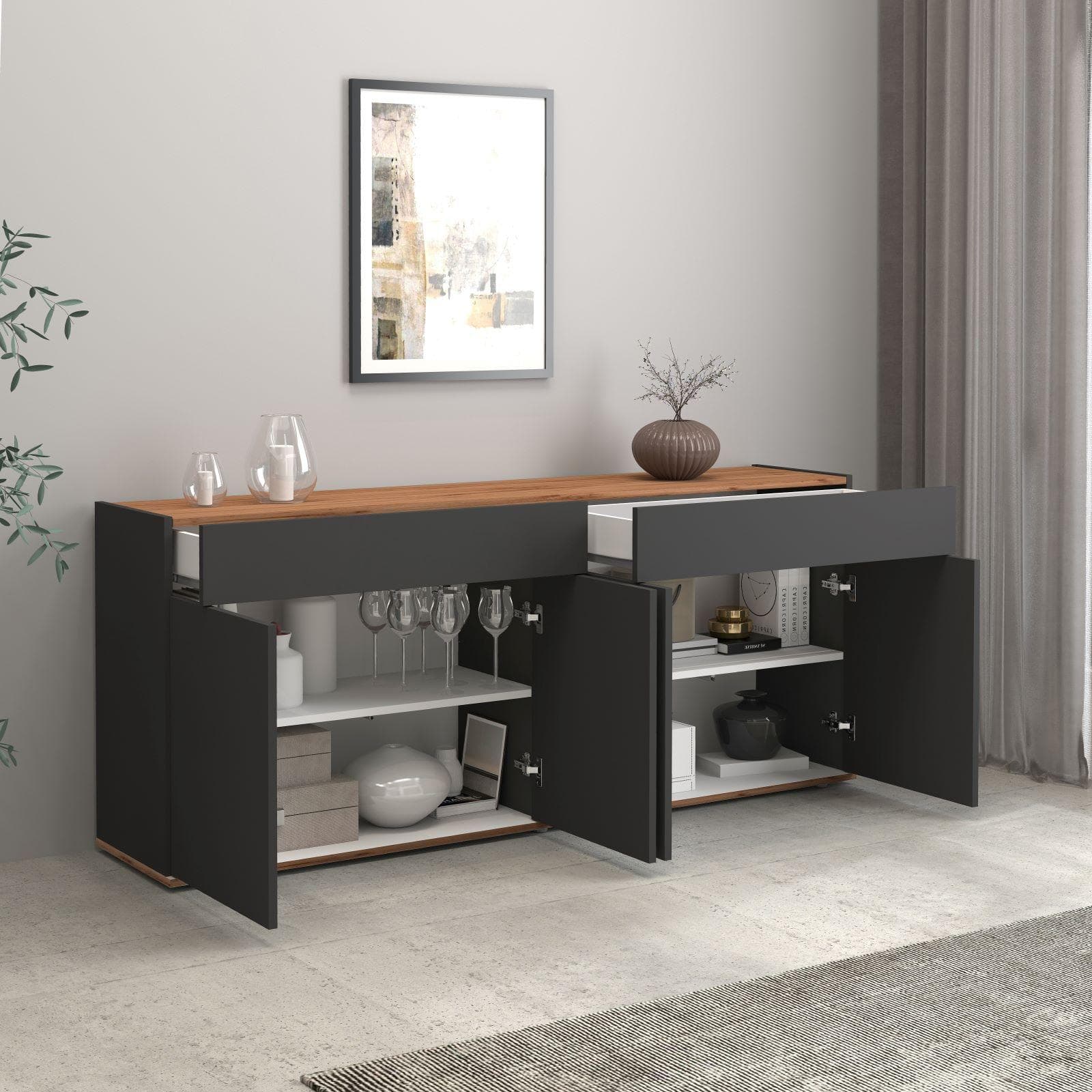Madia 160x70h cm antracite opaco top rovere wotan con 4 ante e 2 cassetti - Loira