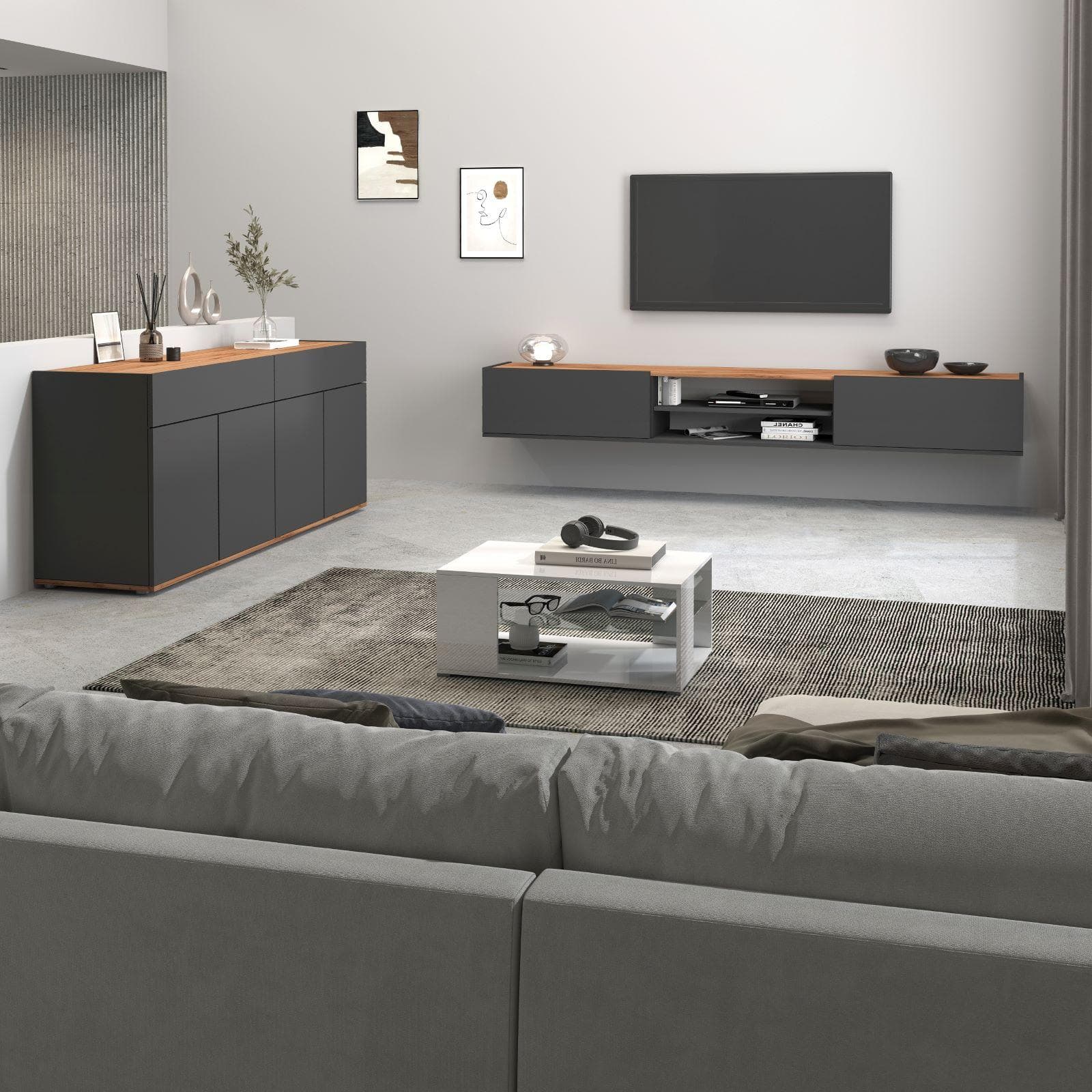 Madia 160x70h cm antracite opaco top rovere wotan con 4 ante e 2 cassetti - Loira