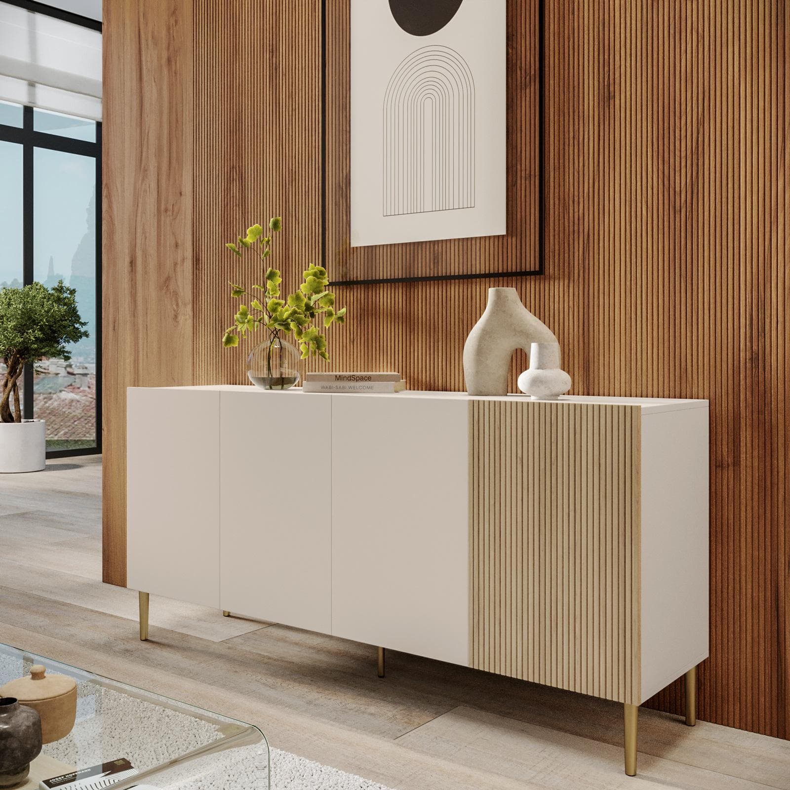 Madia 160x75h cm cashmere e rovere albini cannettato con 4 ante e gambe oro opaco - Zelma