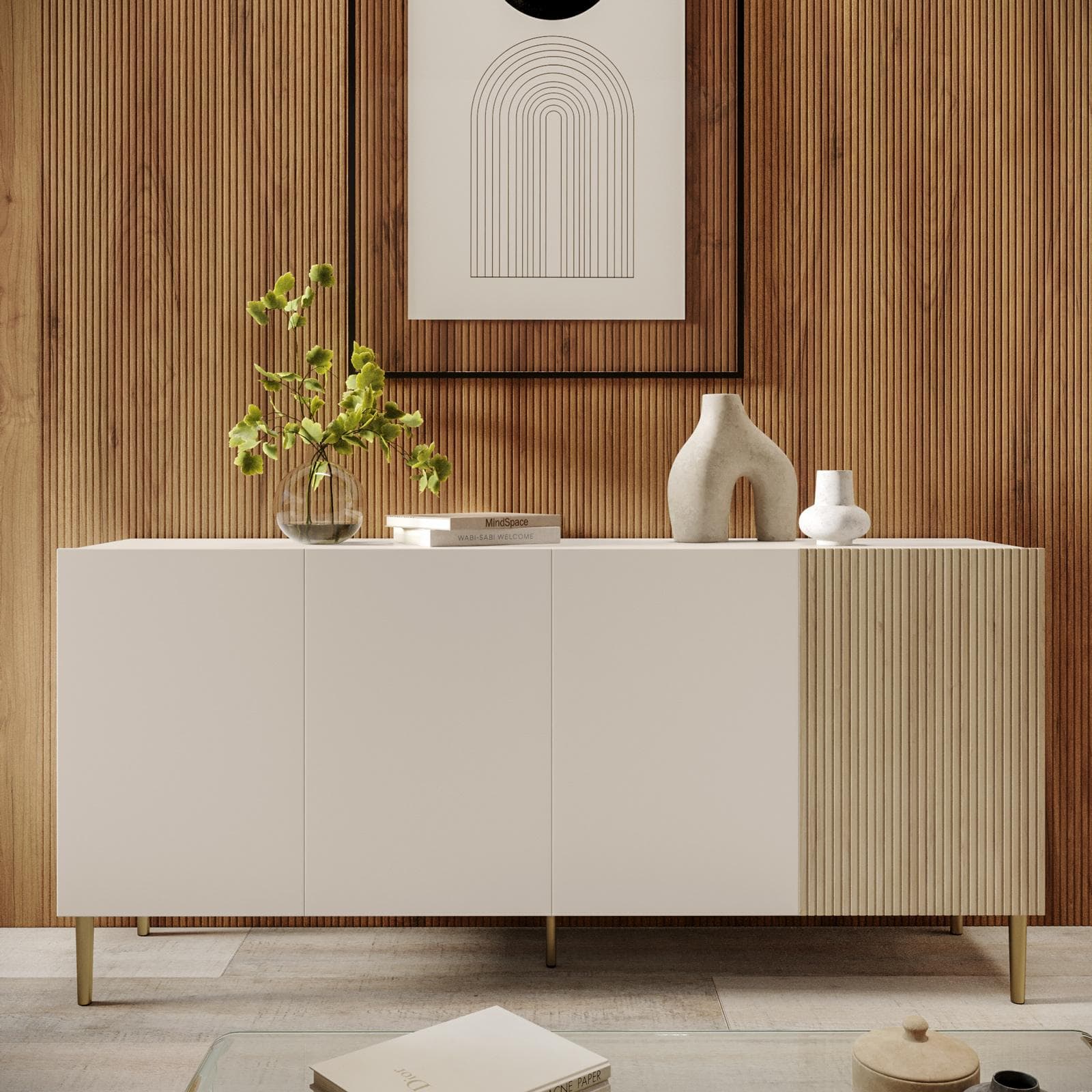 Madia 160x75h cm cashmere e rovere albini cannettato con 4 ante e gambe oro opaco - Zelma