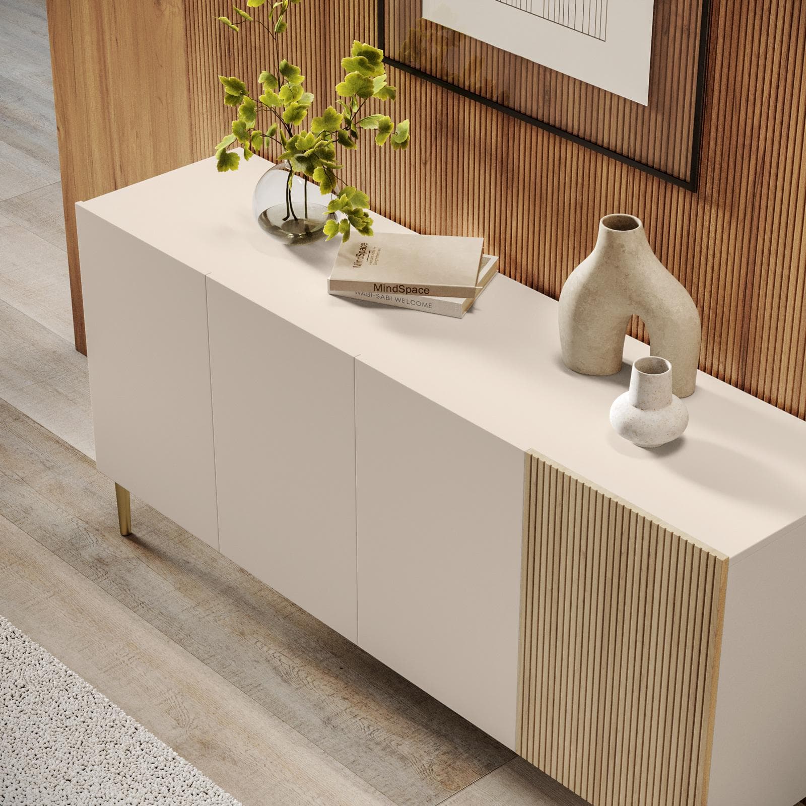 Madia 160x75h cm cashmere e rovere albini cannettato con 4 ante e gambe oro opaco - Zelma
