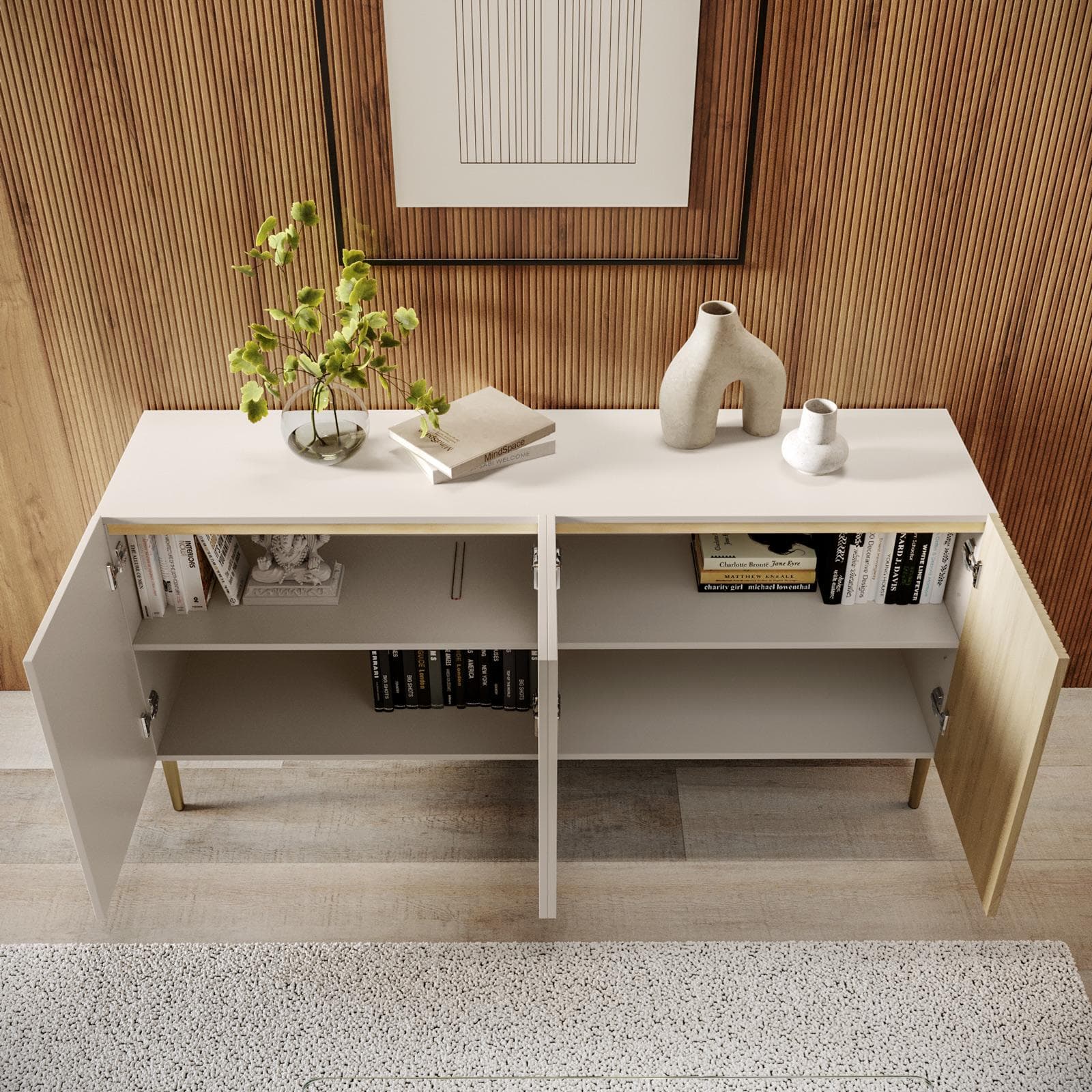 Madia 160x75h cm cashmere e rovere albini cannettato con 4 ante e gambe oro opaco - Zelma