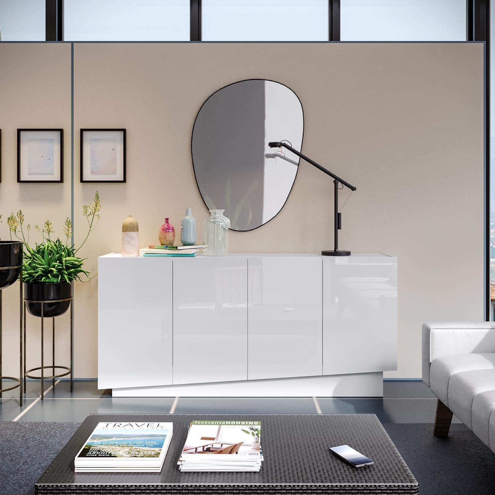 Madia 160x75h cm con 4 ante bianco lucido - Veronique