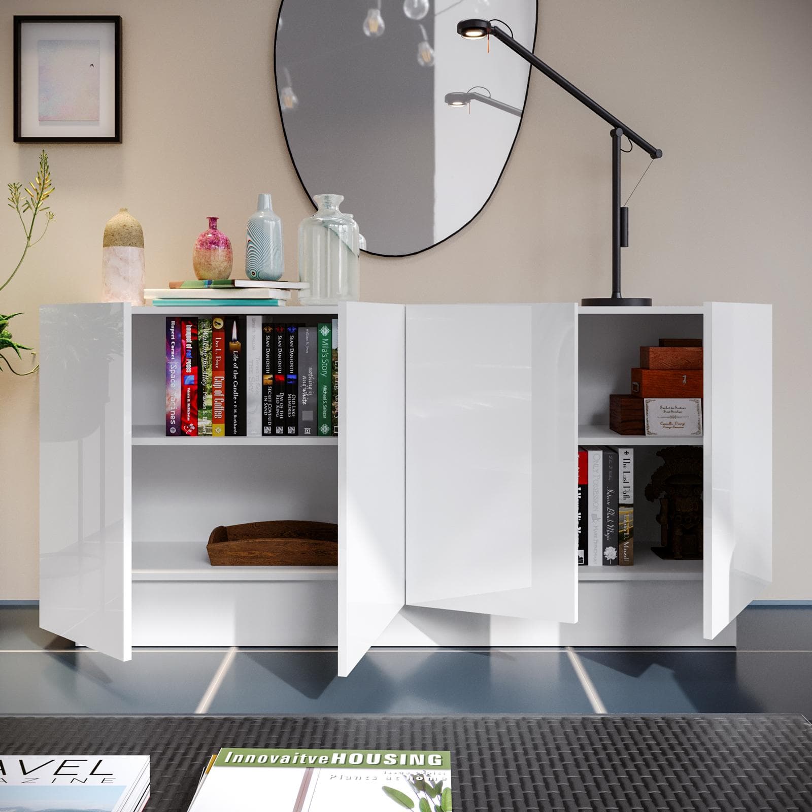 Madia 160x75h cm con 4 ante bianco lucido - Veronique