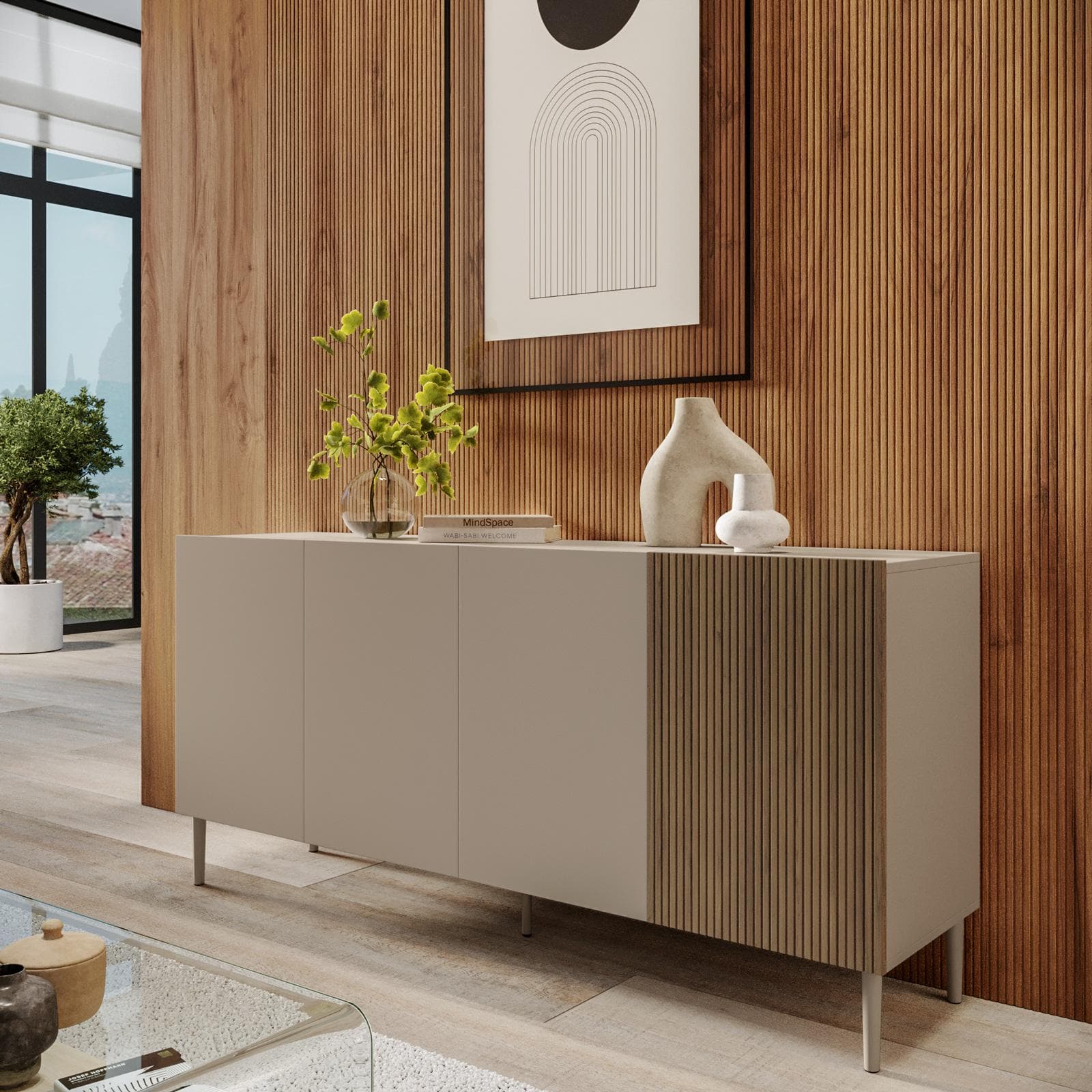 Madia 160x75h cm tortora e rovere millennium cannettato con 4 ante e gambe tortora - Zelma