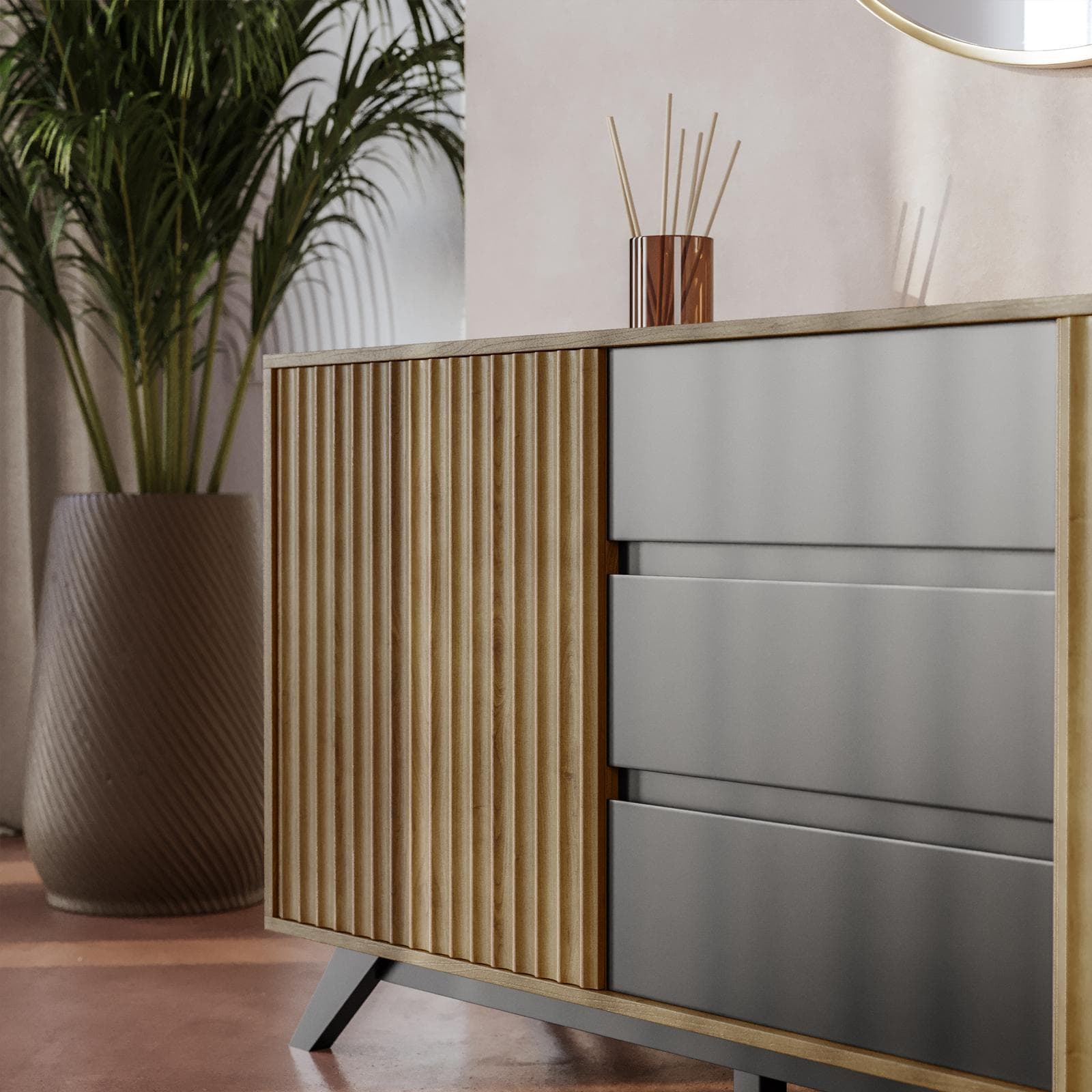 Madia 160x76h cm in legno rovere horizon con cassetti e ante scorrevoli cannettate - Unity