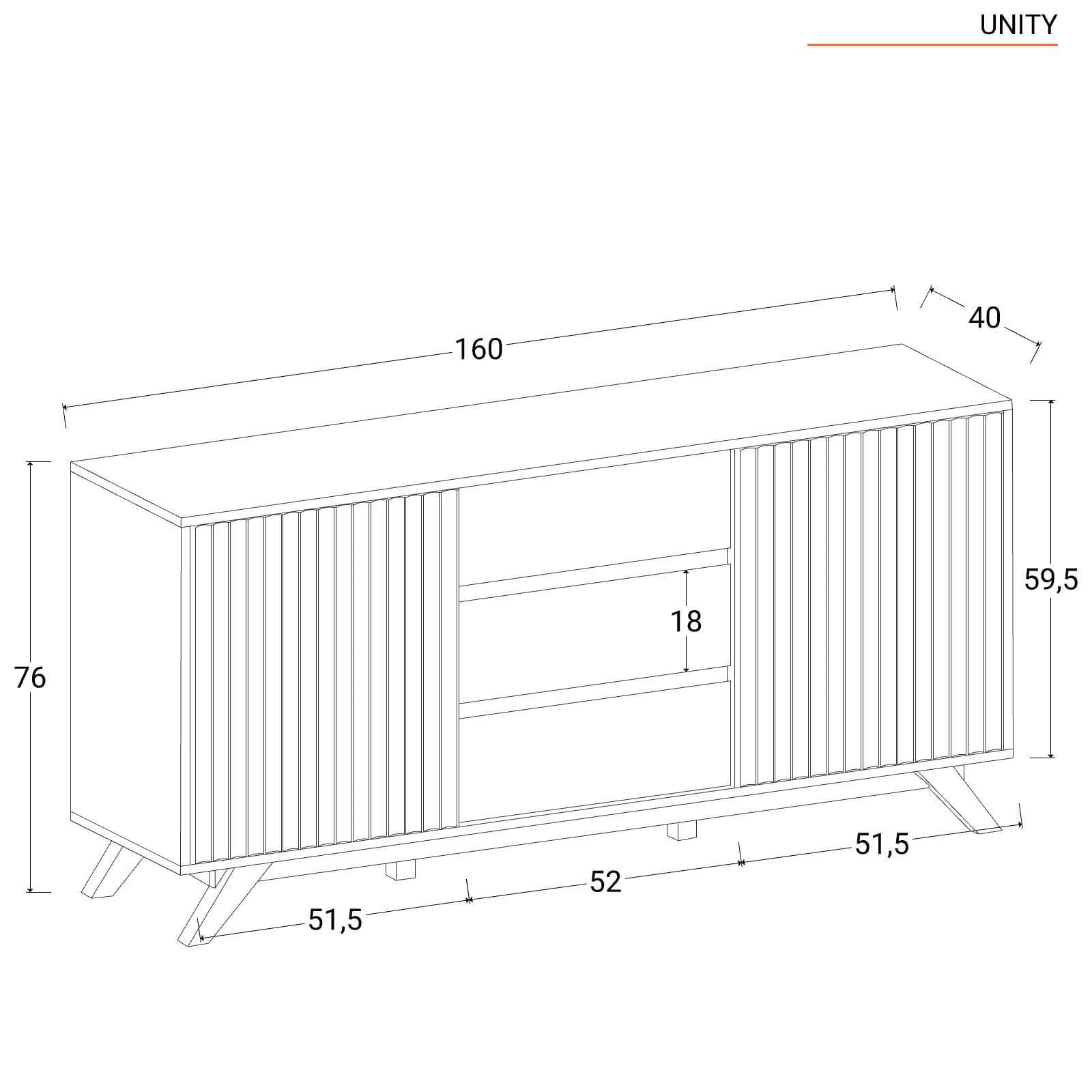 Madia 160x76h cm in legno rovere horizon con cassetti e ante scorrevoli cannettate - Unity
