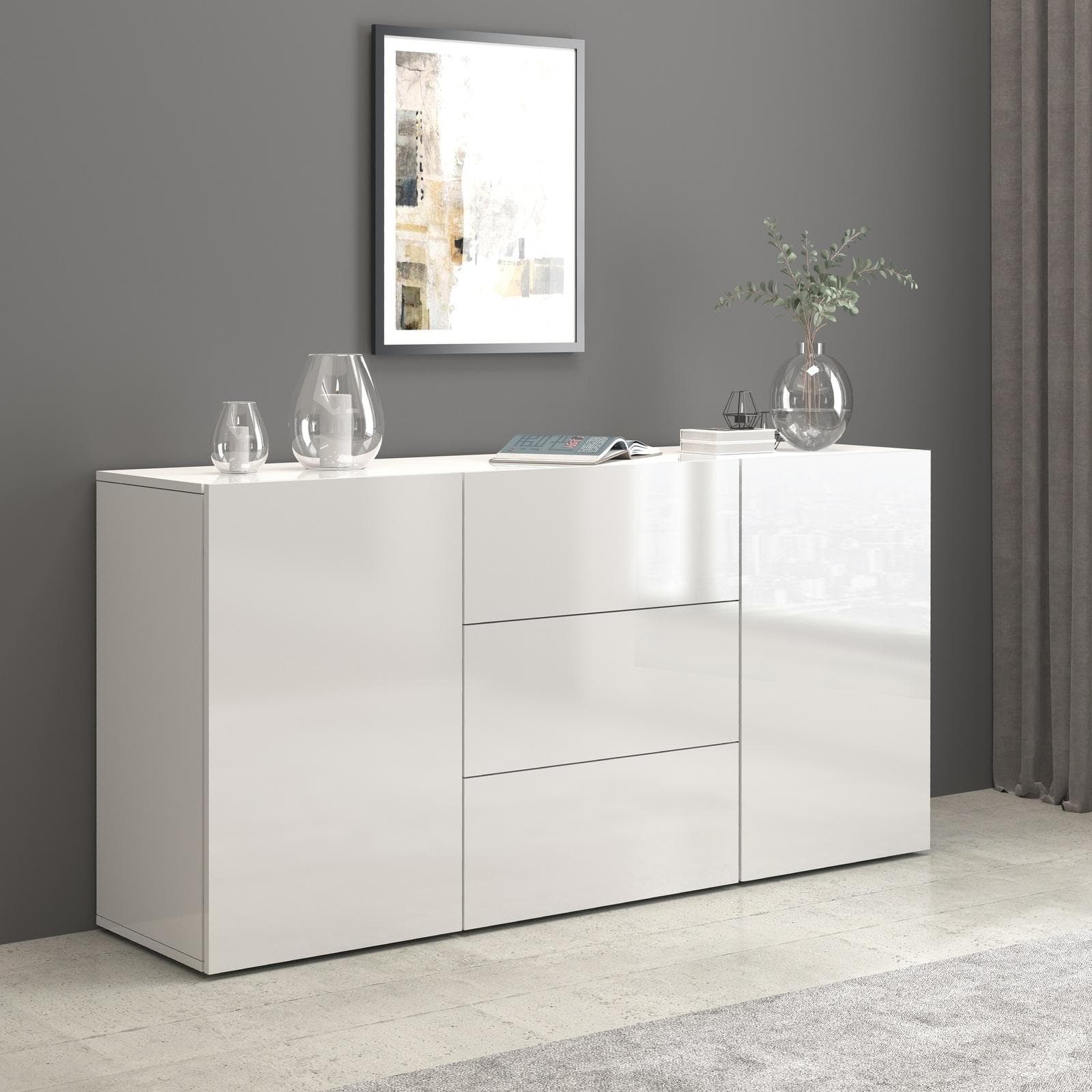 Madia 160x80h cm bianco lucido con 2 ante e 3 cassetti - Carim
