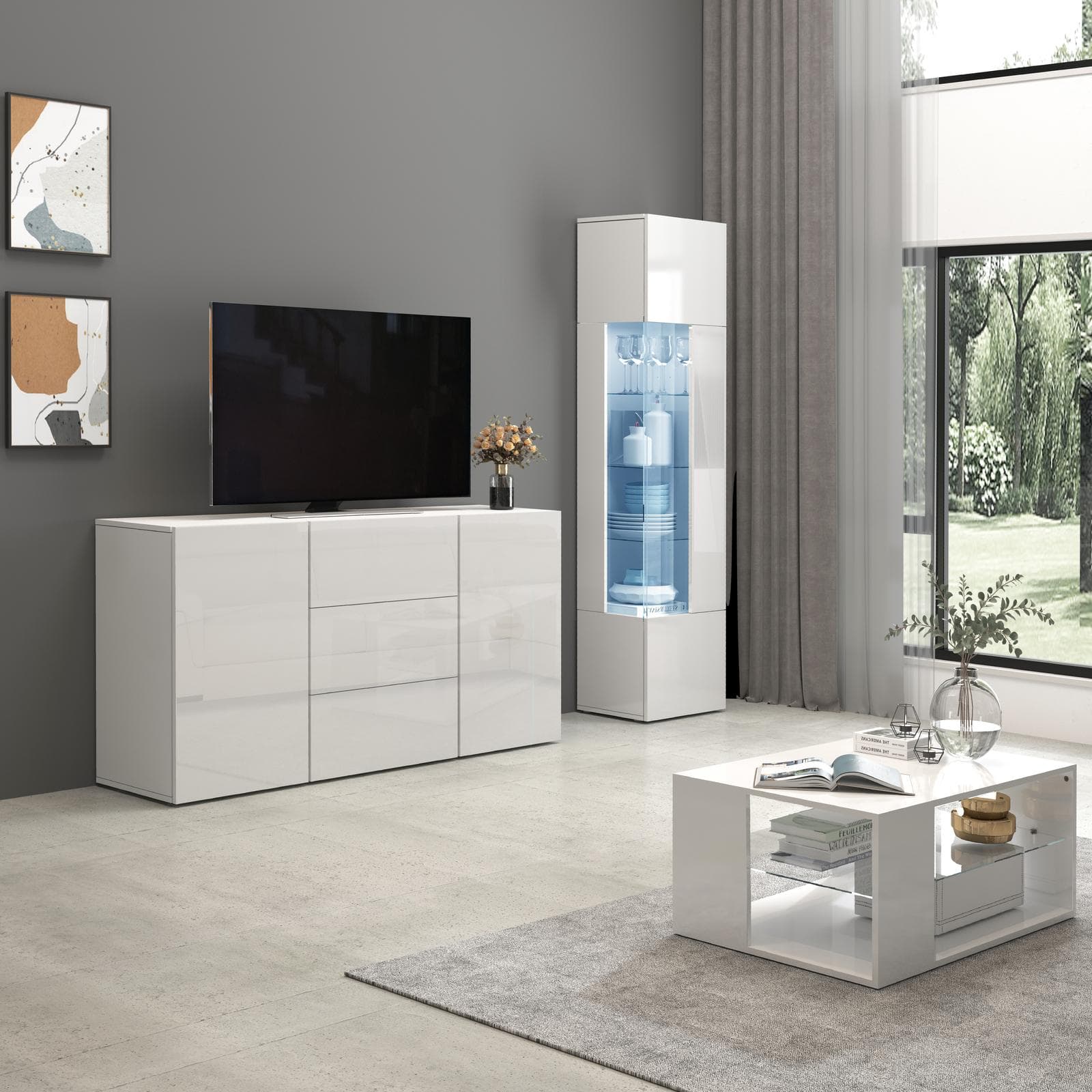 Madia 160x80h cm bianco lucido con 2 ante e 3 cassetti - Carim