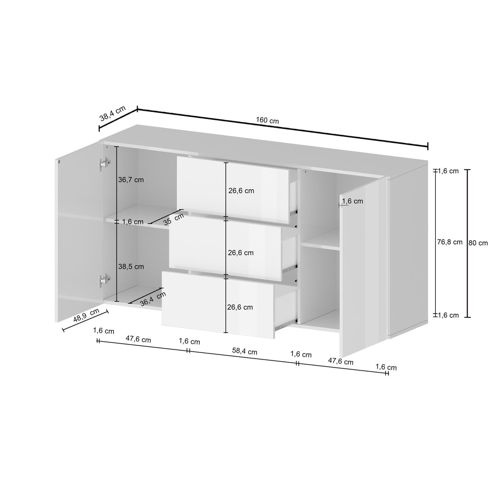 Madia 160x80h cm bianco lucido con 2 ante e 3 cassetti - Carim