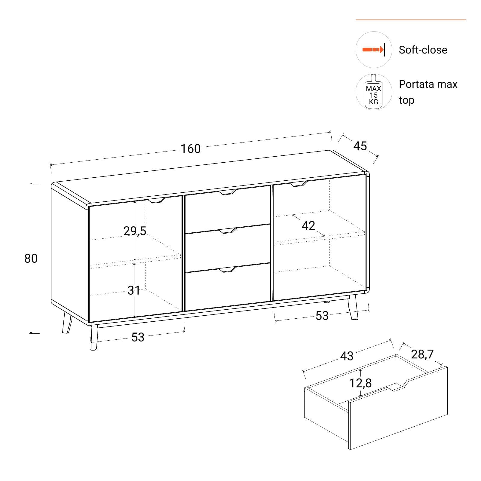 Madia 160x80h cm in legno rovere kover con 2 ante e 3 cassetti - Ember