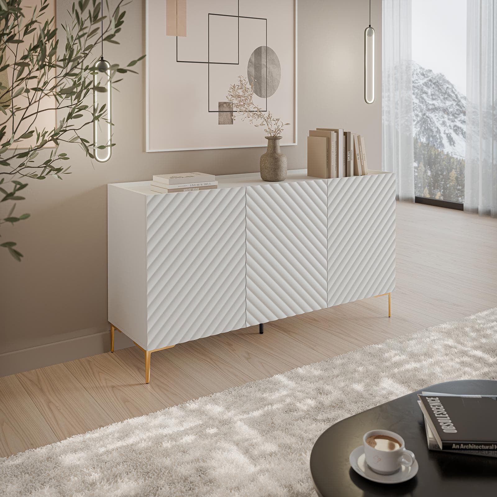 Madia 165x75h cm bianco cannettato obliquo con piedi oro e 3 ante - Emerald