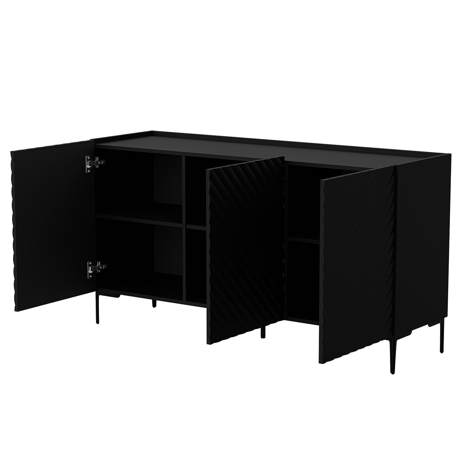 Madia 165x75h cm nero cannettato obliquo con piedi nero e 3 ante - Emerald
