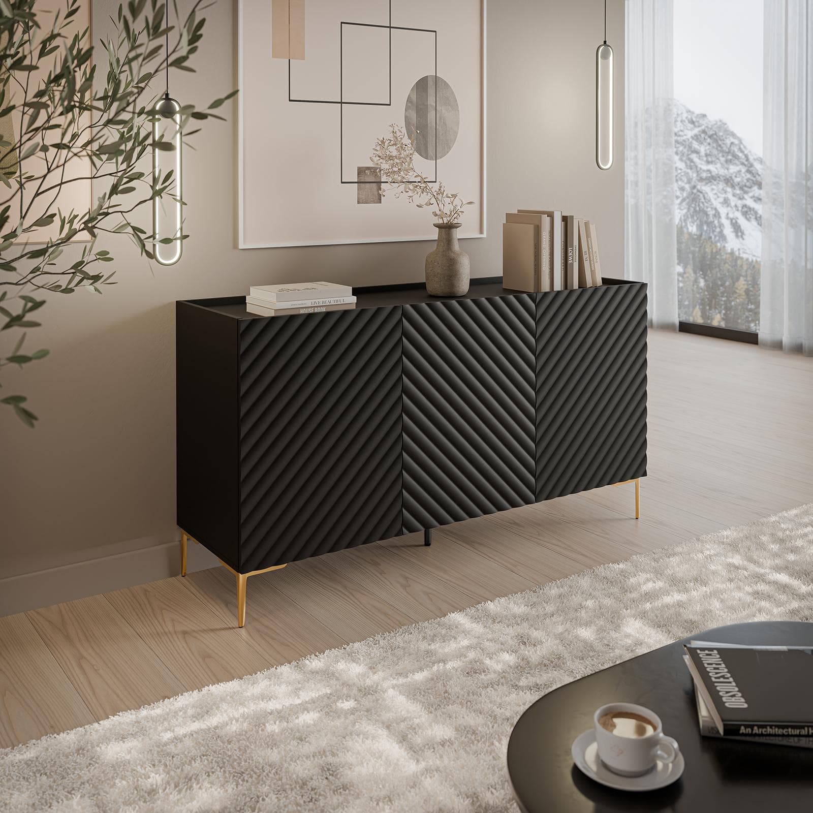 Madia 165x75h cm nero cannettato obliquo con piedi oro e 3 ante - Emerald