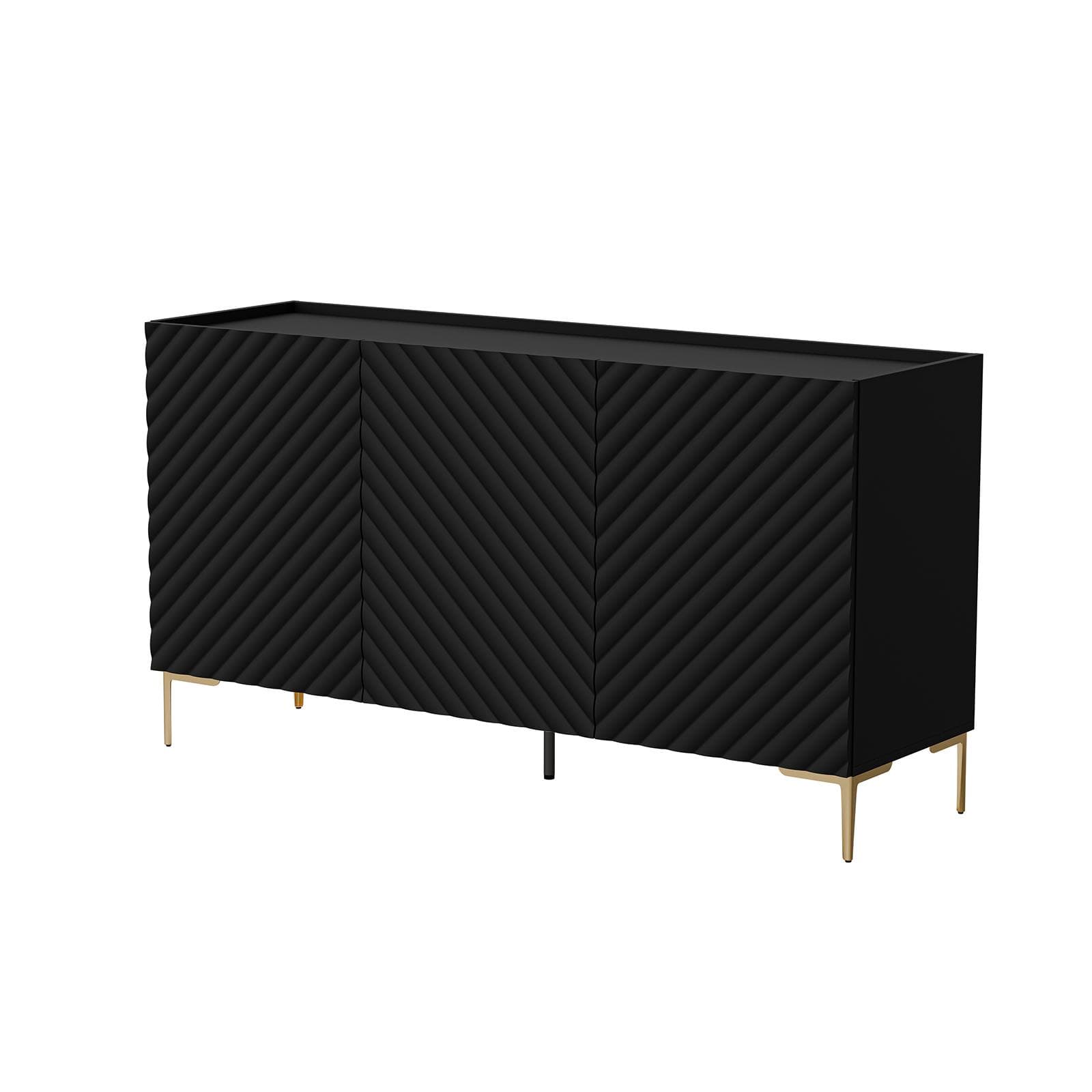 Madia 165x75h cm nero cannettato obliquo con piedi oro e 3 ante - Emerald