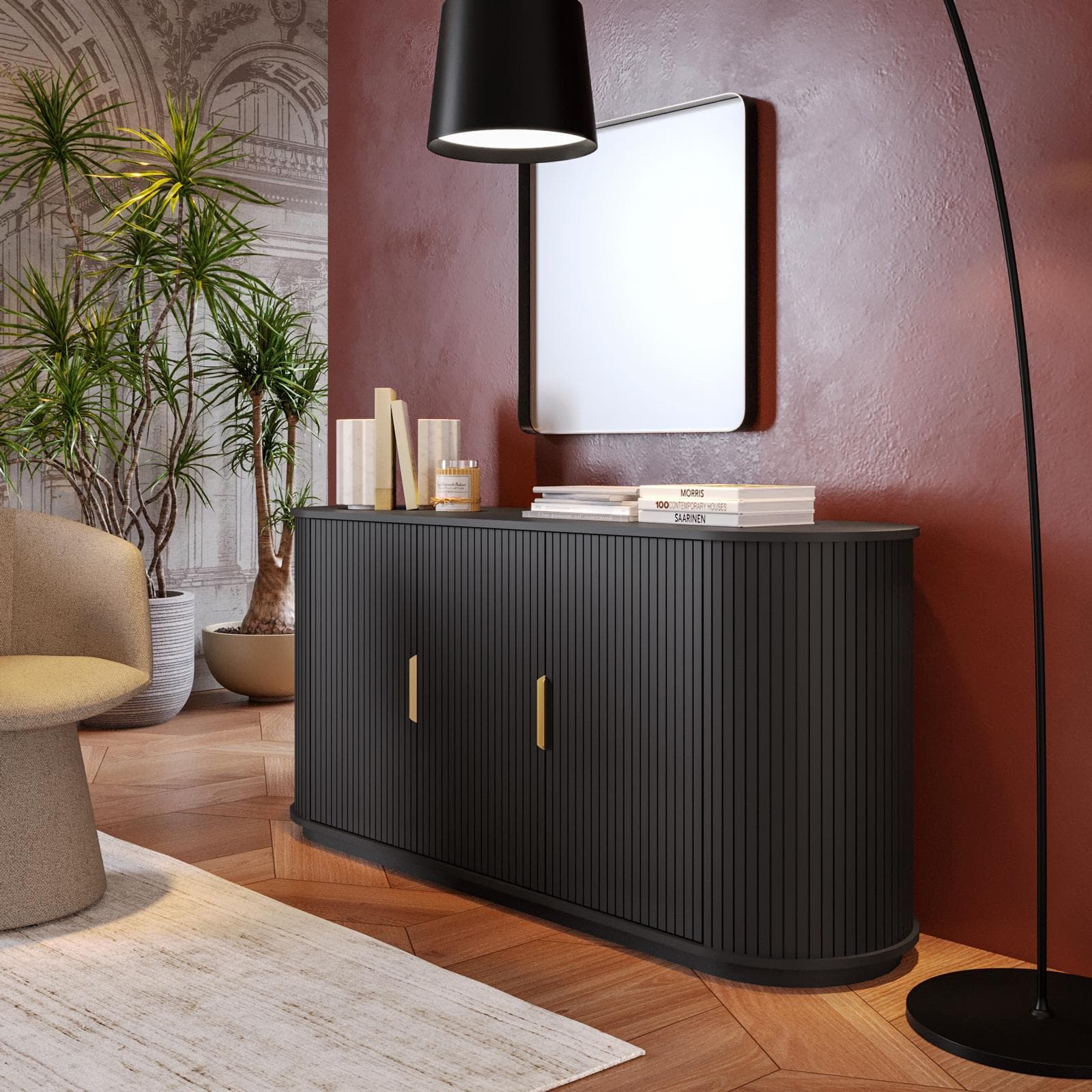Madia 168x77h cm nero cannettato con angoli stondati e 2 ante soft close - Phema