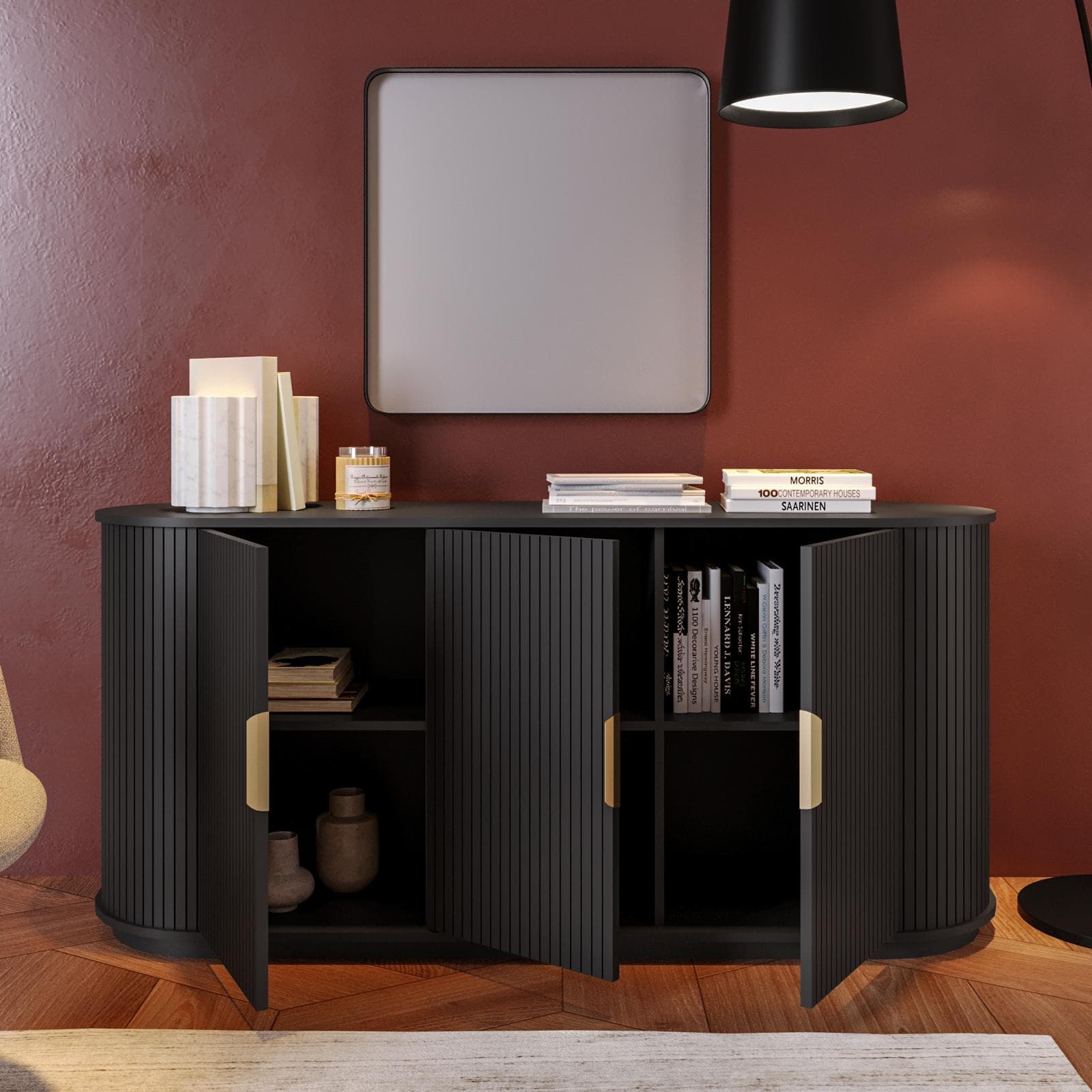 Madia 168x77h cm nero cannettato con angoli stondati e 2 ante soft close - Phema