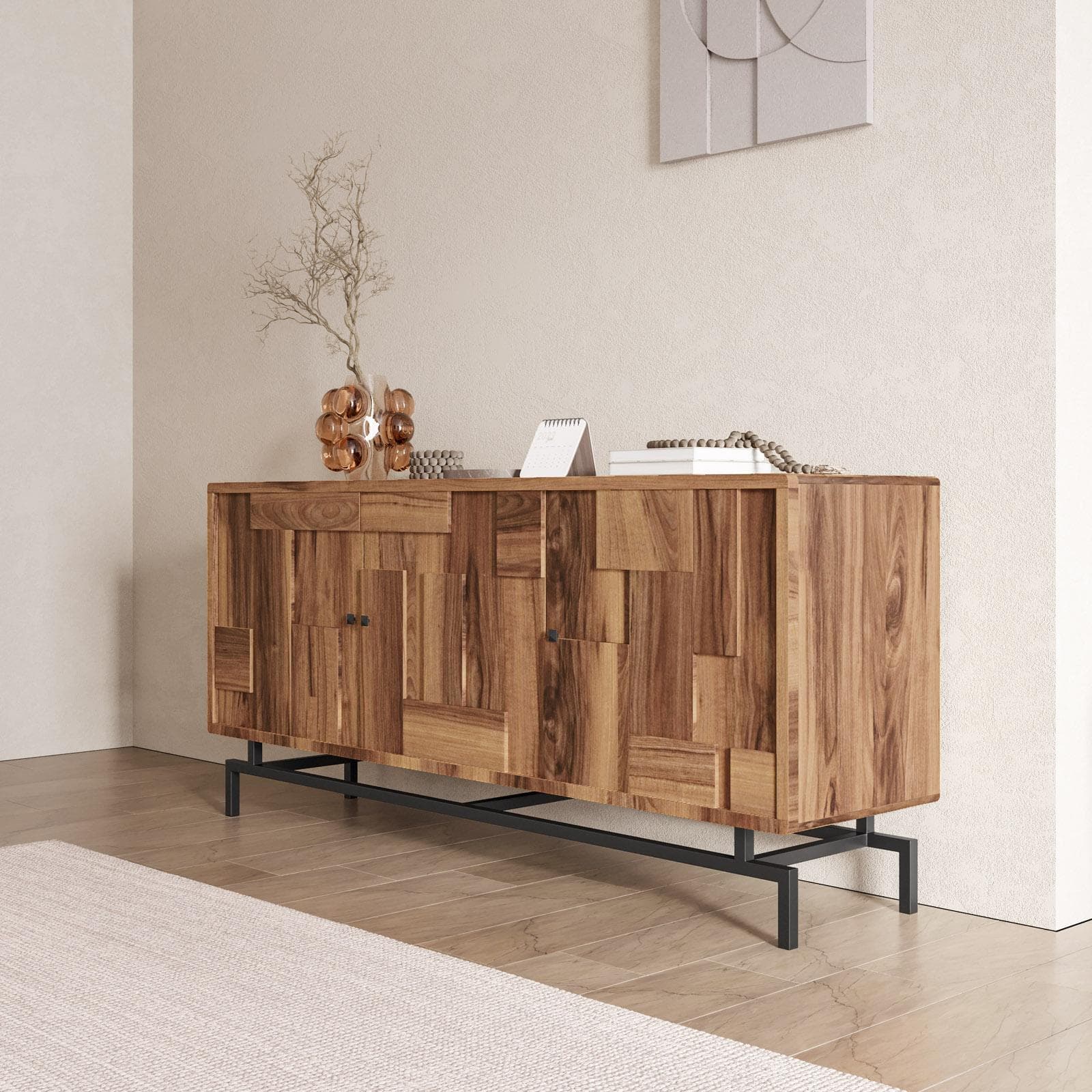 Madia 175x80h cm in legno di acacia e struttura in metallo nero con 3 ante - Baktu