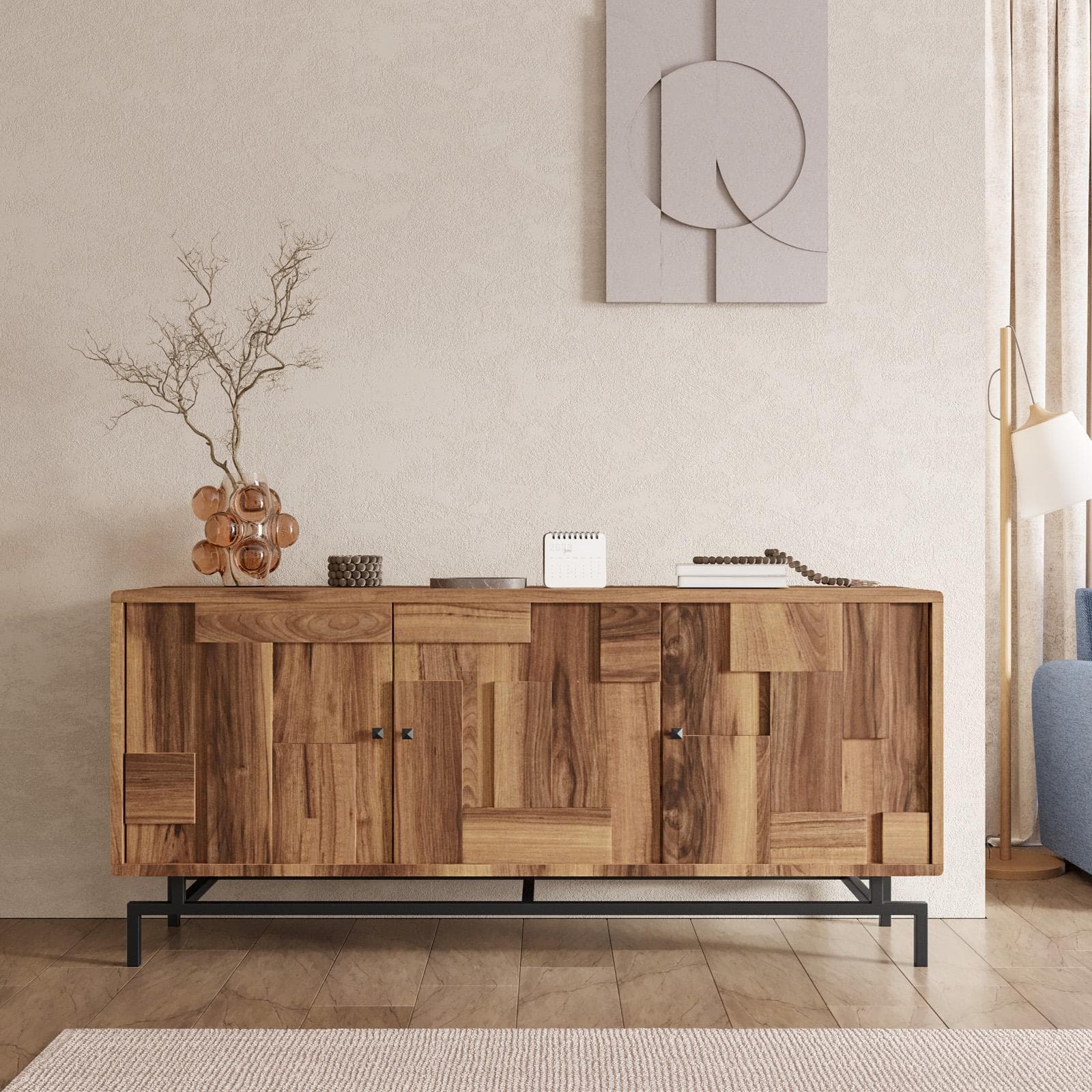 Madia 175x80h cm in legno di acacia e struttura in metallo nero con 3 ante - Baktu