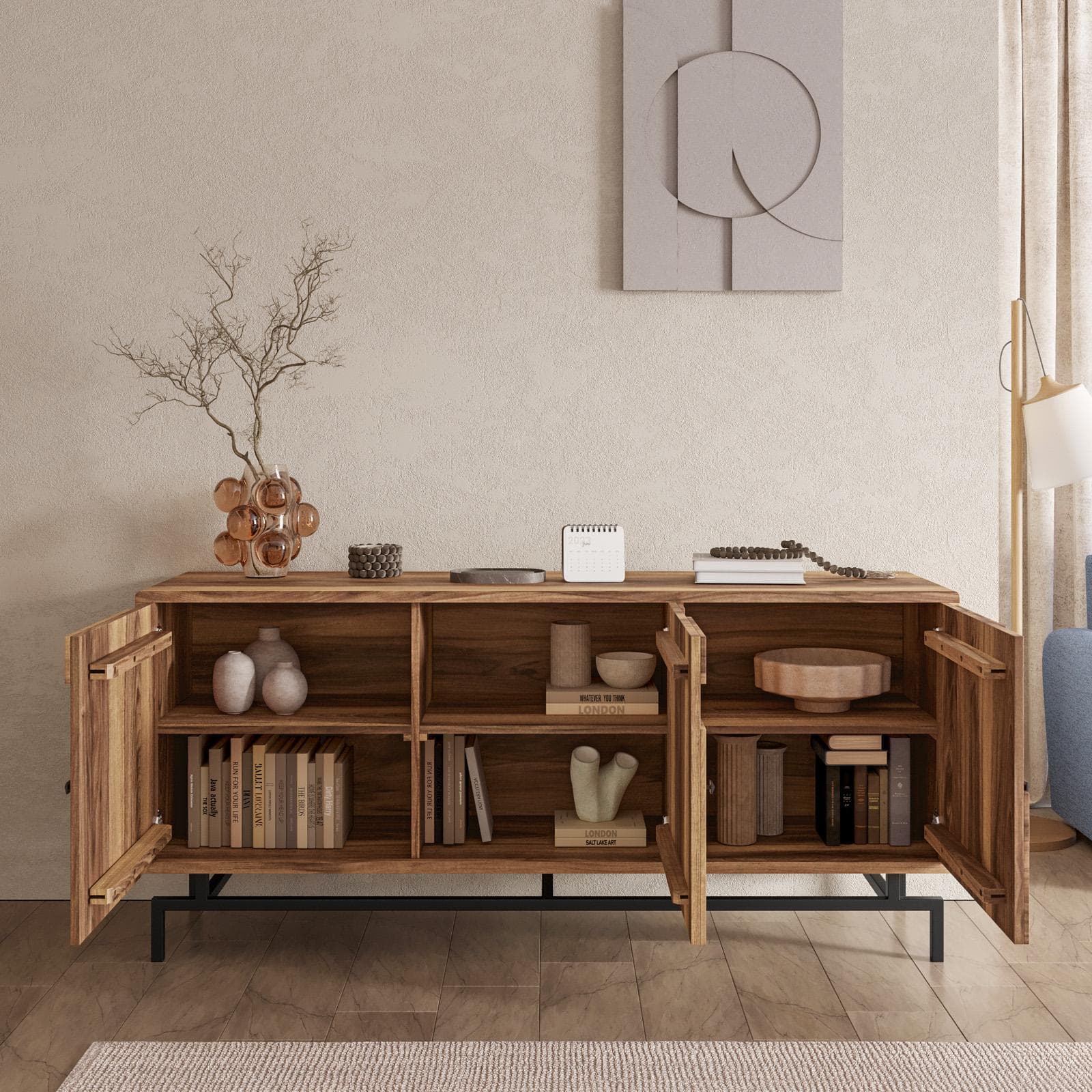 Madia 175x80h cm in legno di acacia e struttura in metallo nero con 3 ante - Baktu