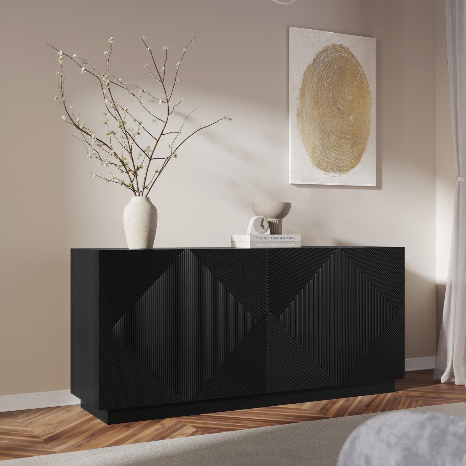 Madia 175x80h cm con 4 ante soft close nero opaco cannettato - Ayla