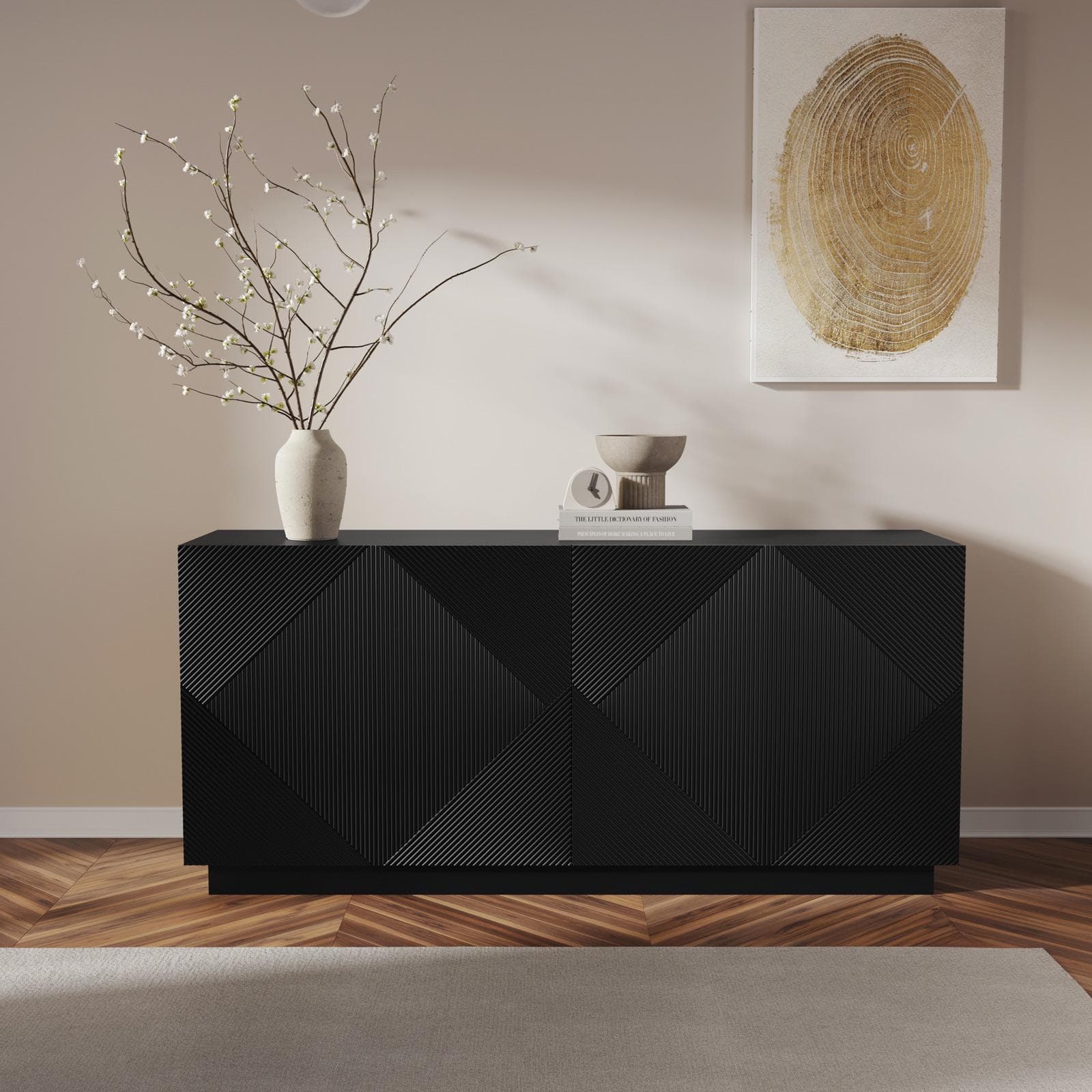 Madia 175x80h cm con 4 ante soft close nero opaco cannettato - Ayla
