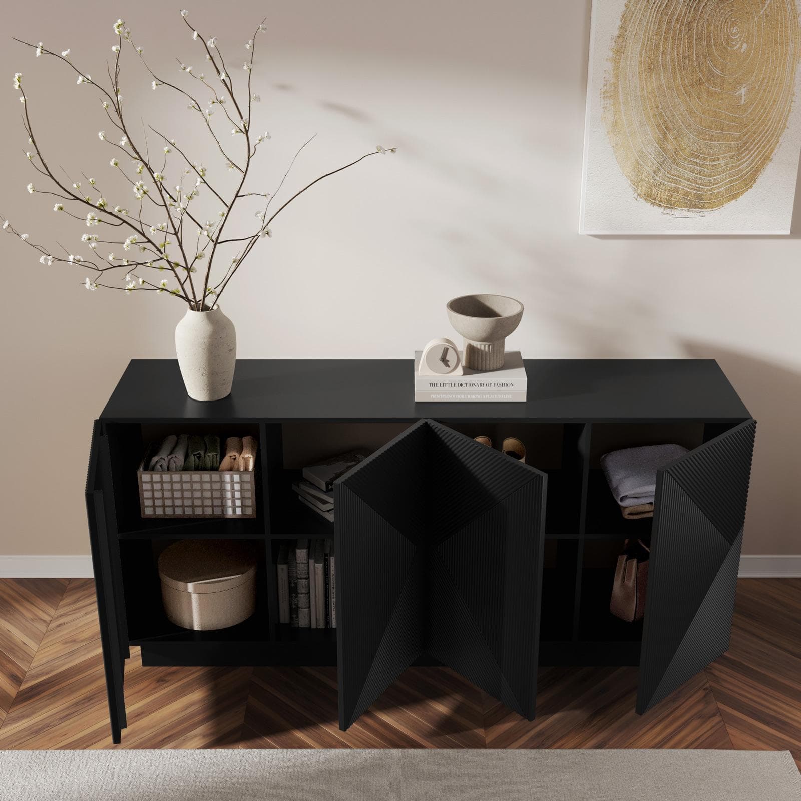 Madia 175x80h cm con 4 ante soft close nero opaco cannettato - Ayla